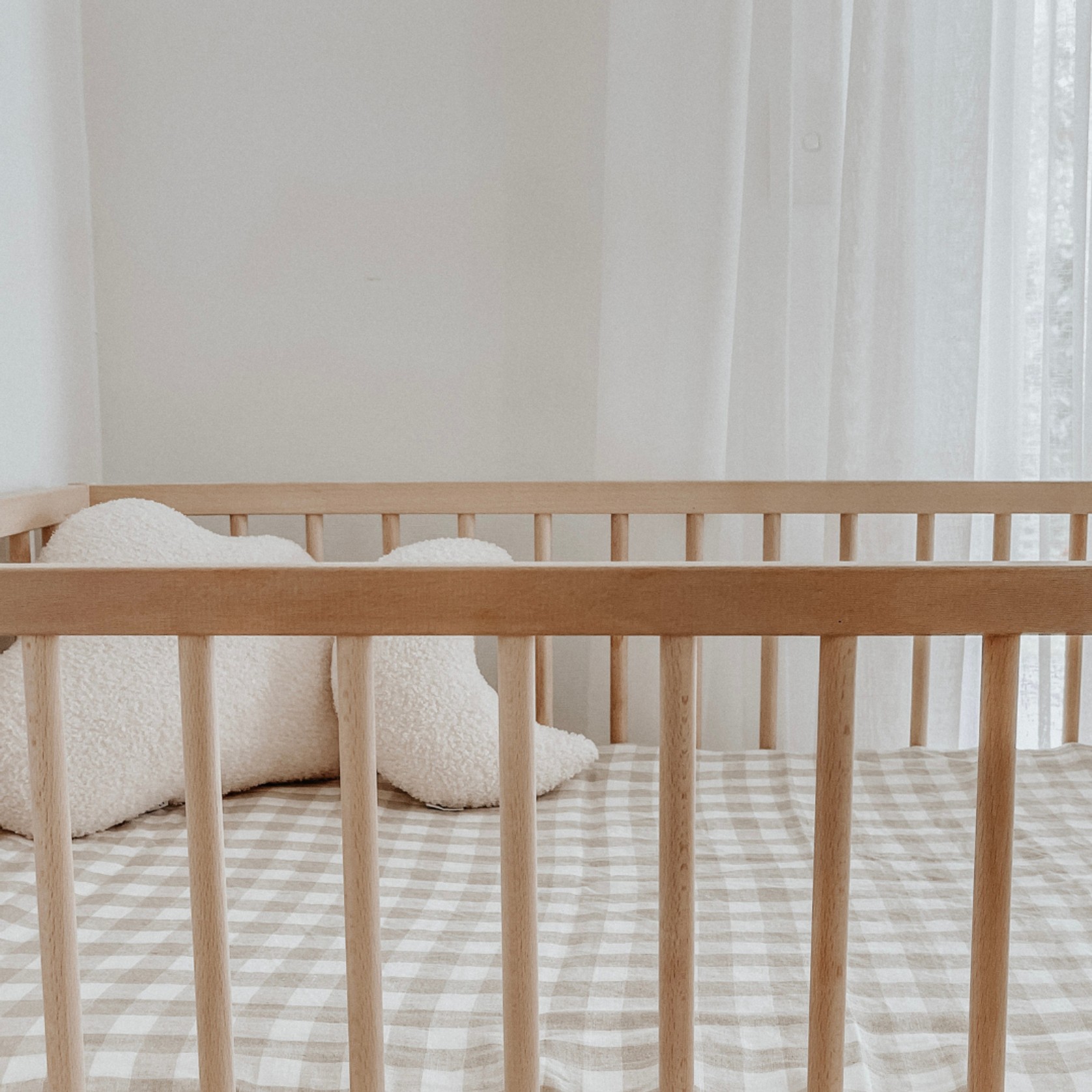 100% French Flax Linen Fitted Cot sheet- Natural Gingham gallery detail image