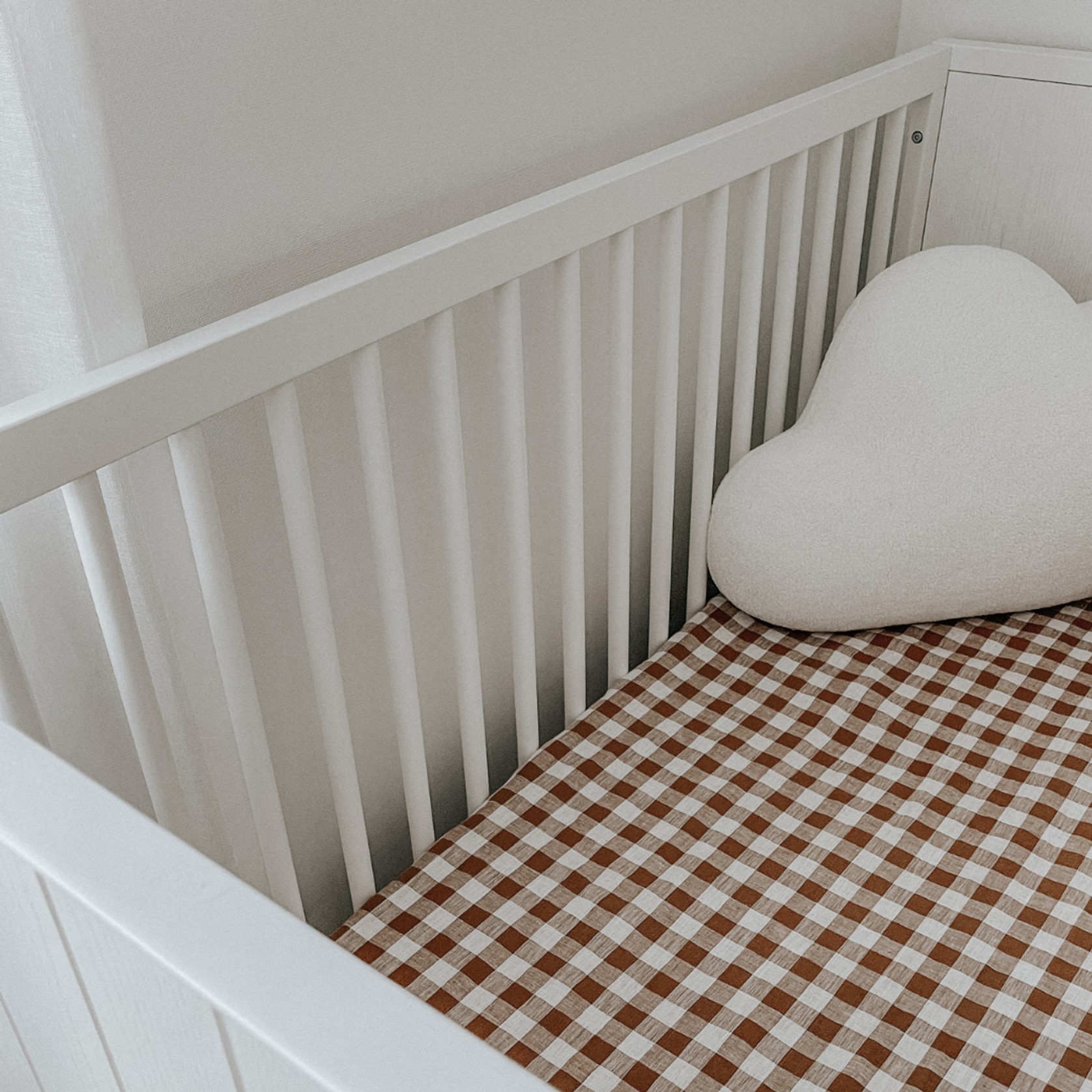 100% French Flax Linen Fitted Cot sheet- Ginger Gingham gallery detail image