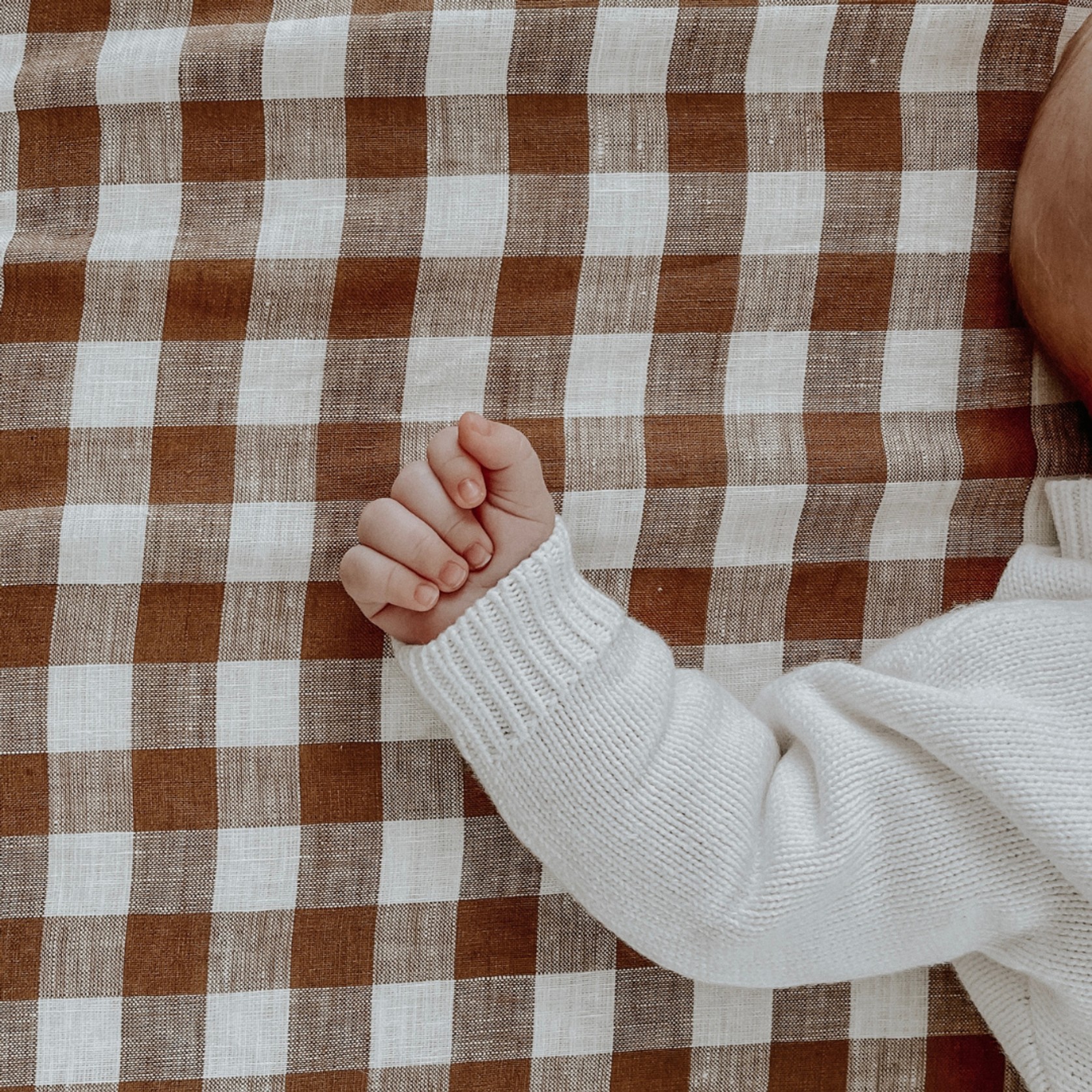 100% French Flax Linen Fitted Cot sheet- Ginger Gingham gallery detail image