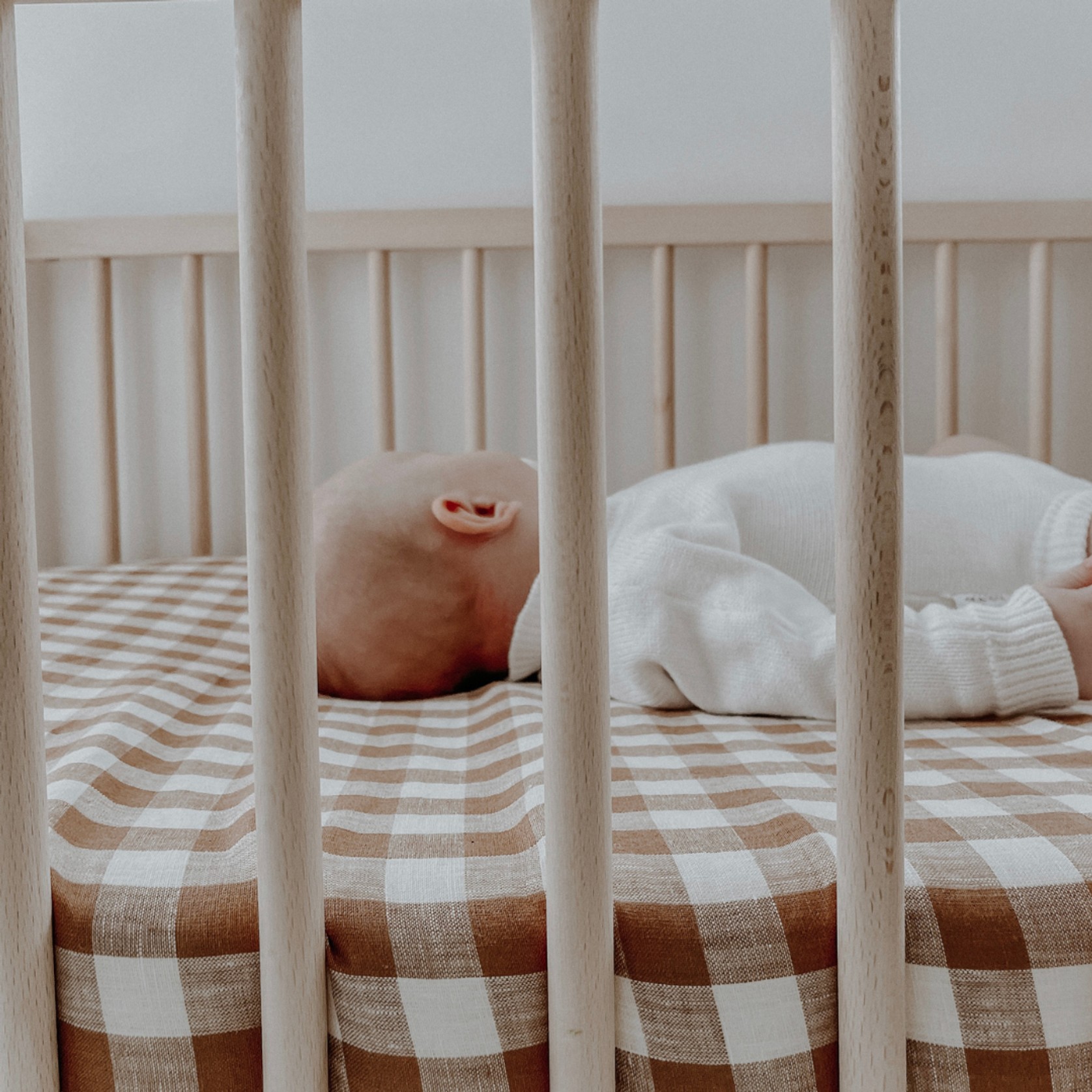 100% French Flax Linen Fitted Cot sheet- Ginger Gingham gallery detail image