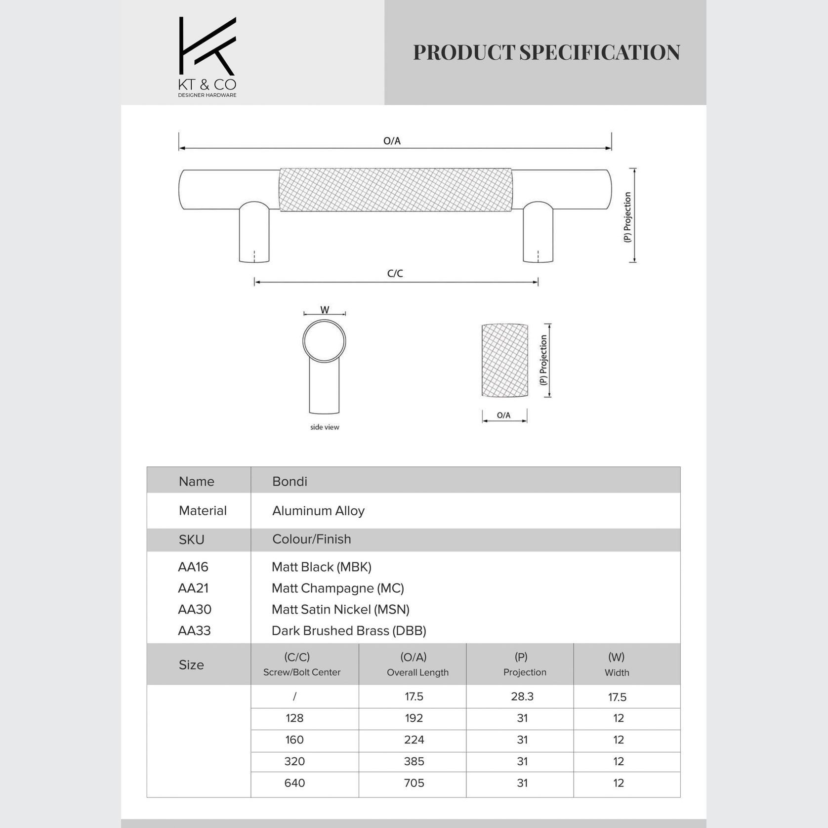 KT&CO Kitchen handles Knurled Bondi matt black / satin nickel / dark brushed brass/ champagne gallery detail image