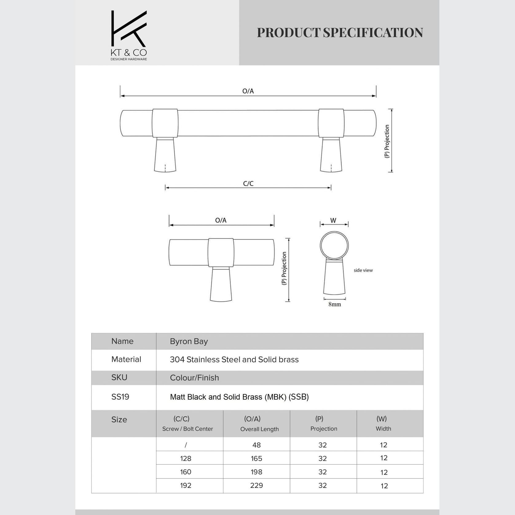 KT&CO Kitchen handles pull matte black Brass Byron Bay gallery detail image
