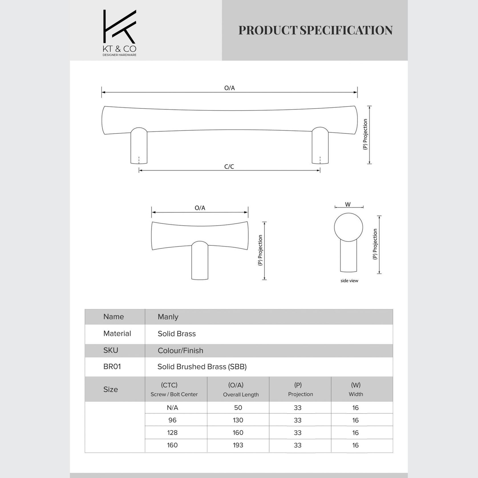 Manly Tapered Solid Brass Kitchen Handles gallery detail image