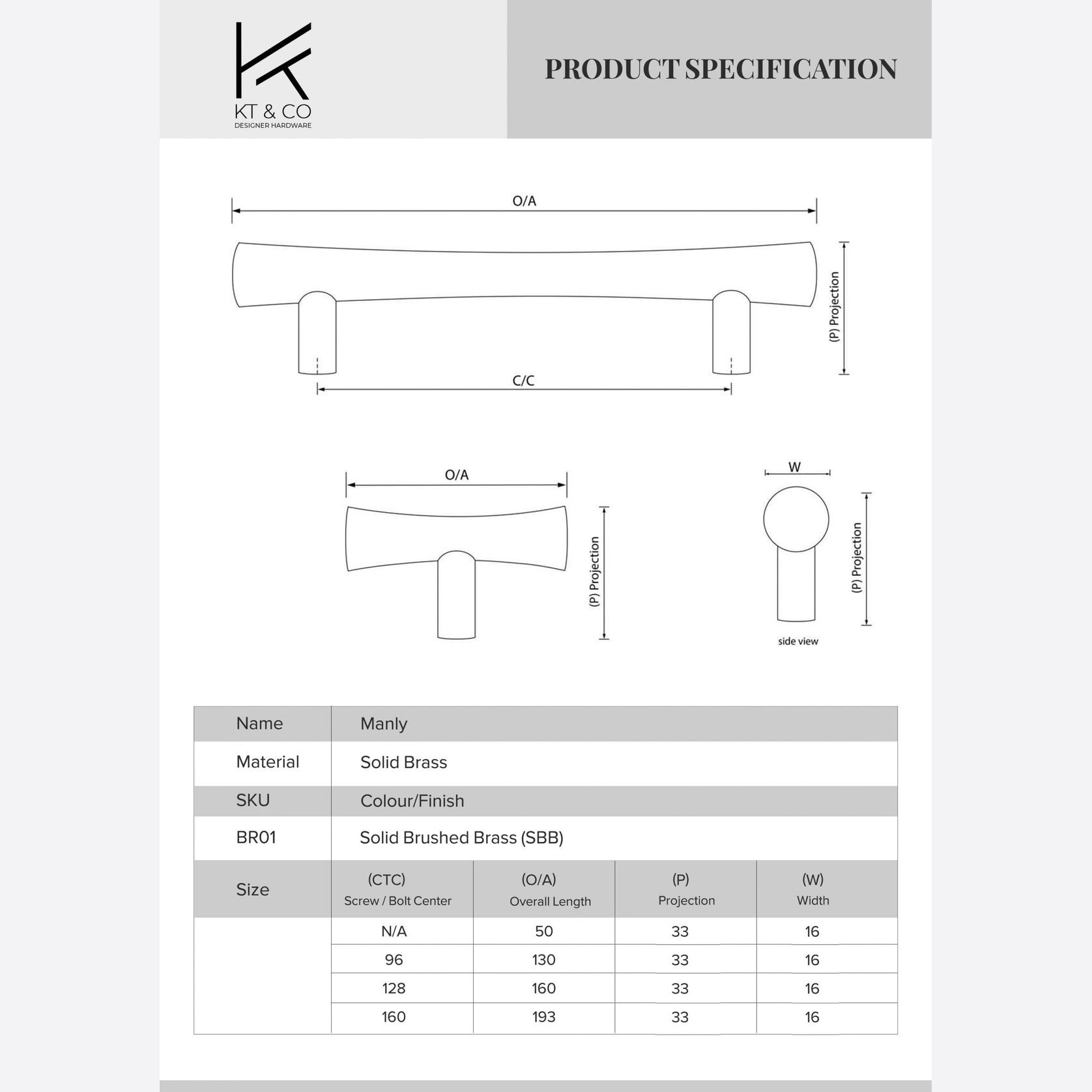 Manly Tapered Solid Brass Kitchen Handles gallery detail image