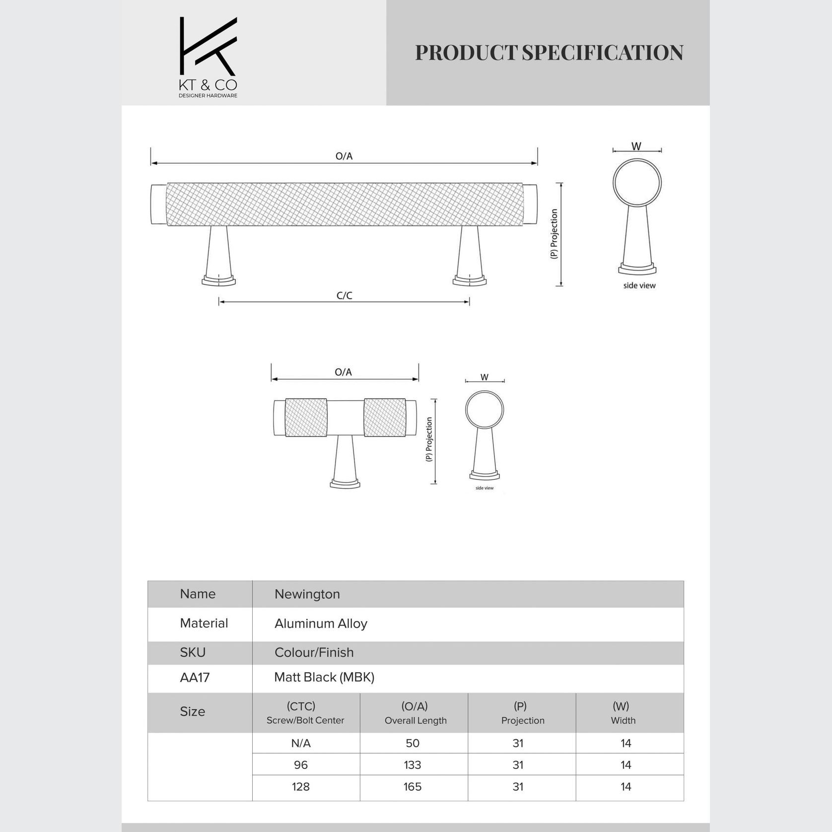 KT&CO Kitchen handles pull matte black Newington gallery detail image