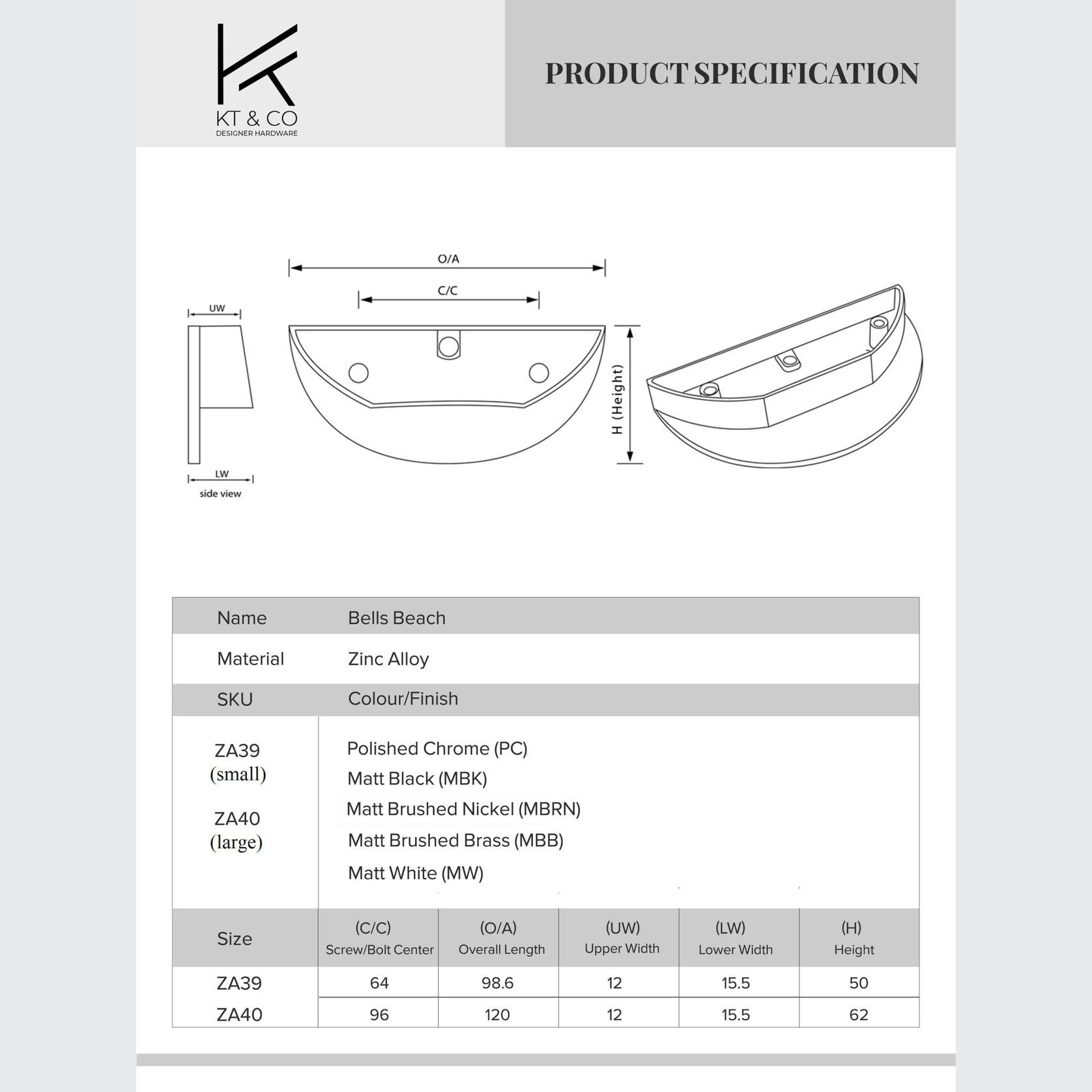 KT&CO Kitchen drawer handles luna pull half moon Bells Beach Matt black / brushed brass /Brushed nickel /chrome /white gallery detail image