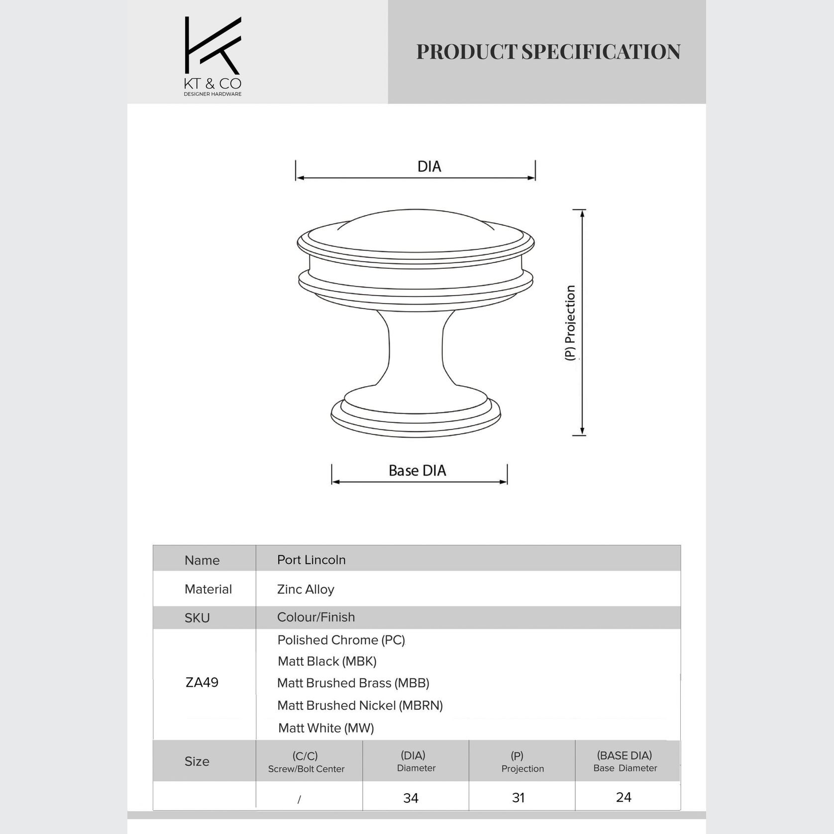 Kitchen drawer knobs Port Lincoln Matt black / brushed brass /Brushed nickel /chrome / Matt white gallery detail image