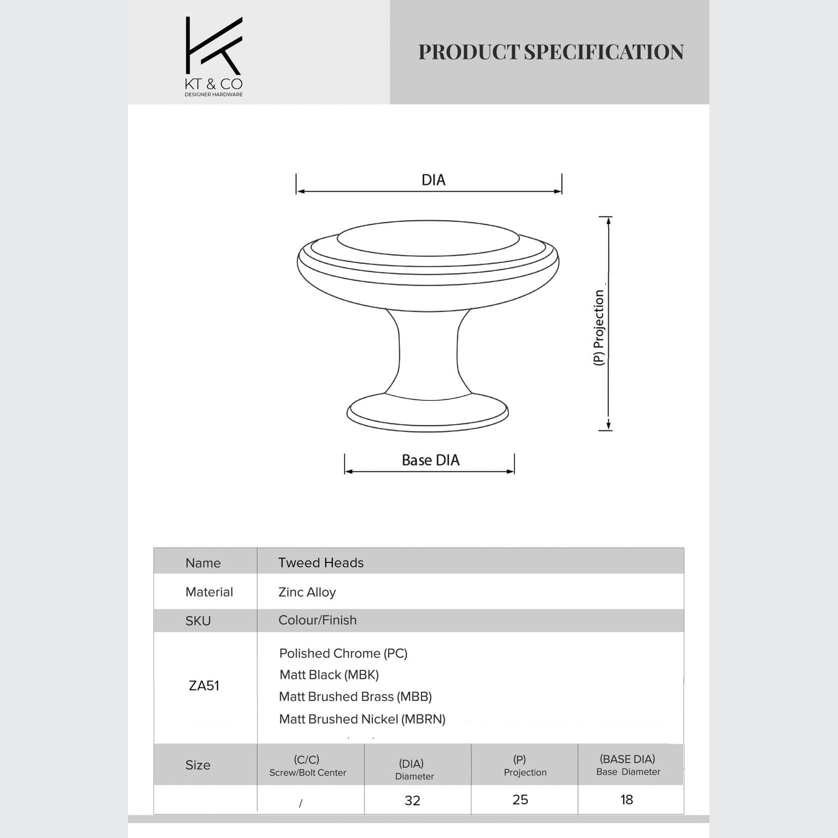 KT&CO Kitchen hampton knobs Tweed Heads Matt black / brushed brass /Brushed nickel /Chrome gallery detail image