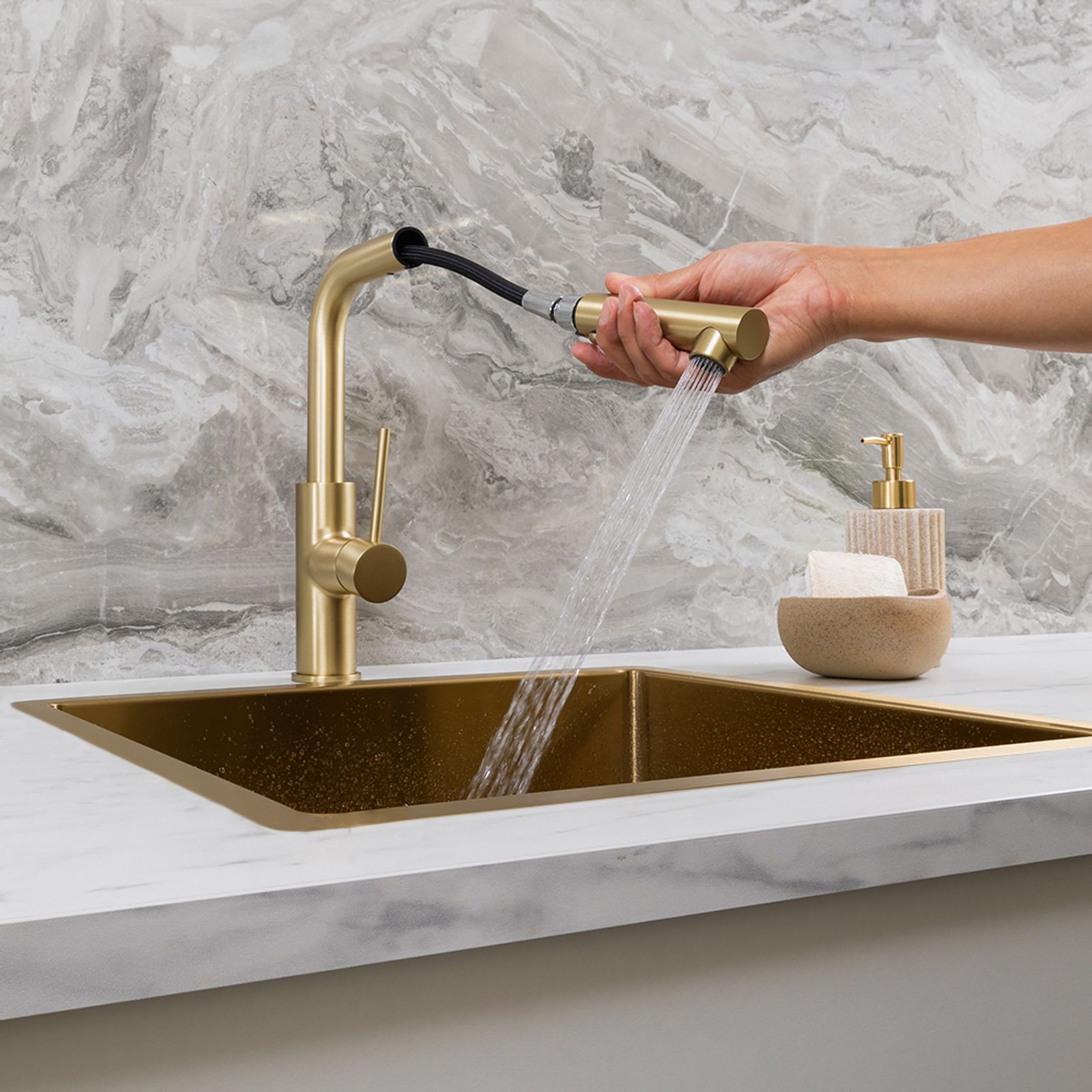 Nisa Square Pull Out Mixer Brushed Brass Gold gallery detail image