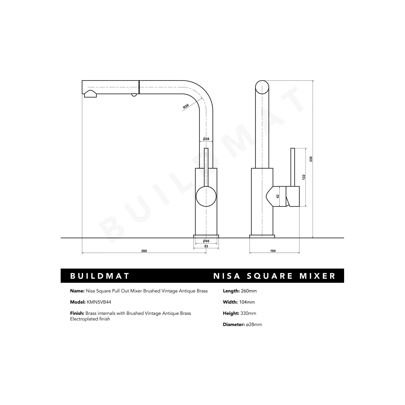 Nisa Square Pull Out Mixer Brushed Vintage Brass gallery detail image