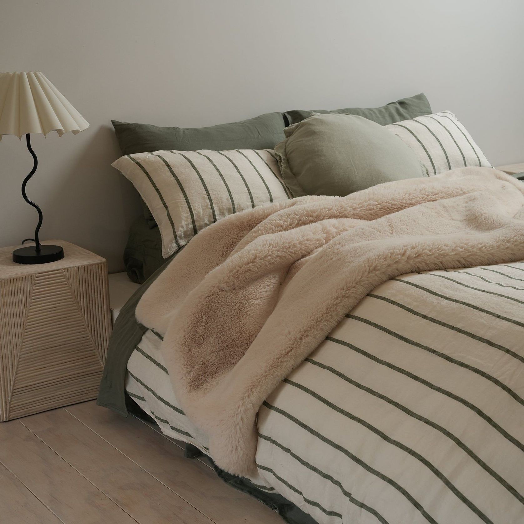 100% French Flax Linen Duvet Set - Lichen Stripe gallery detail image