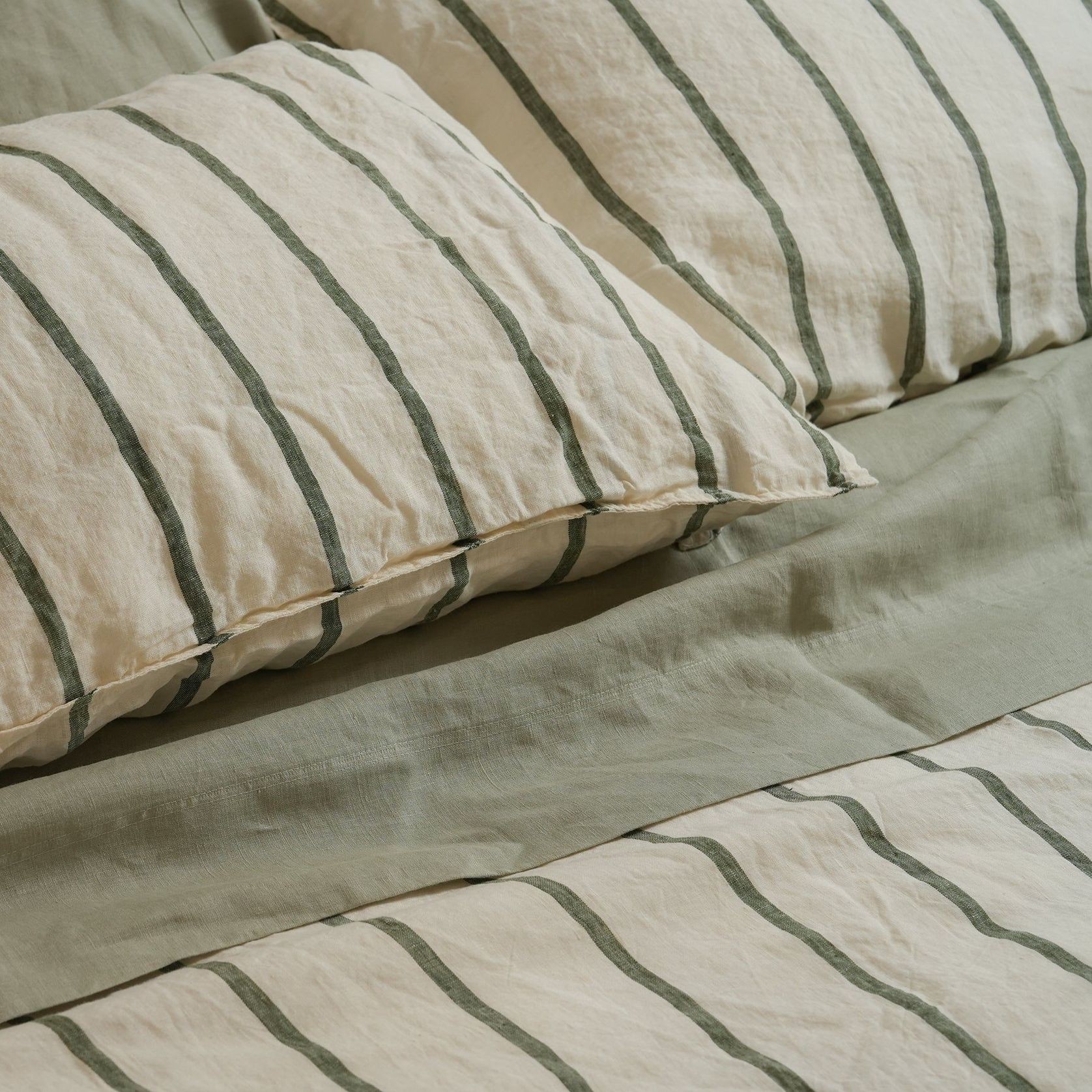 100% French Flax Linen Duvet Set - Lichen Stripe gallery detail image