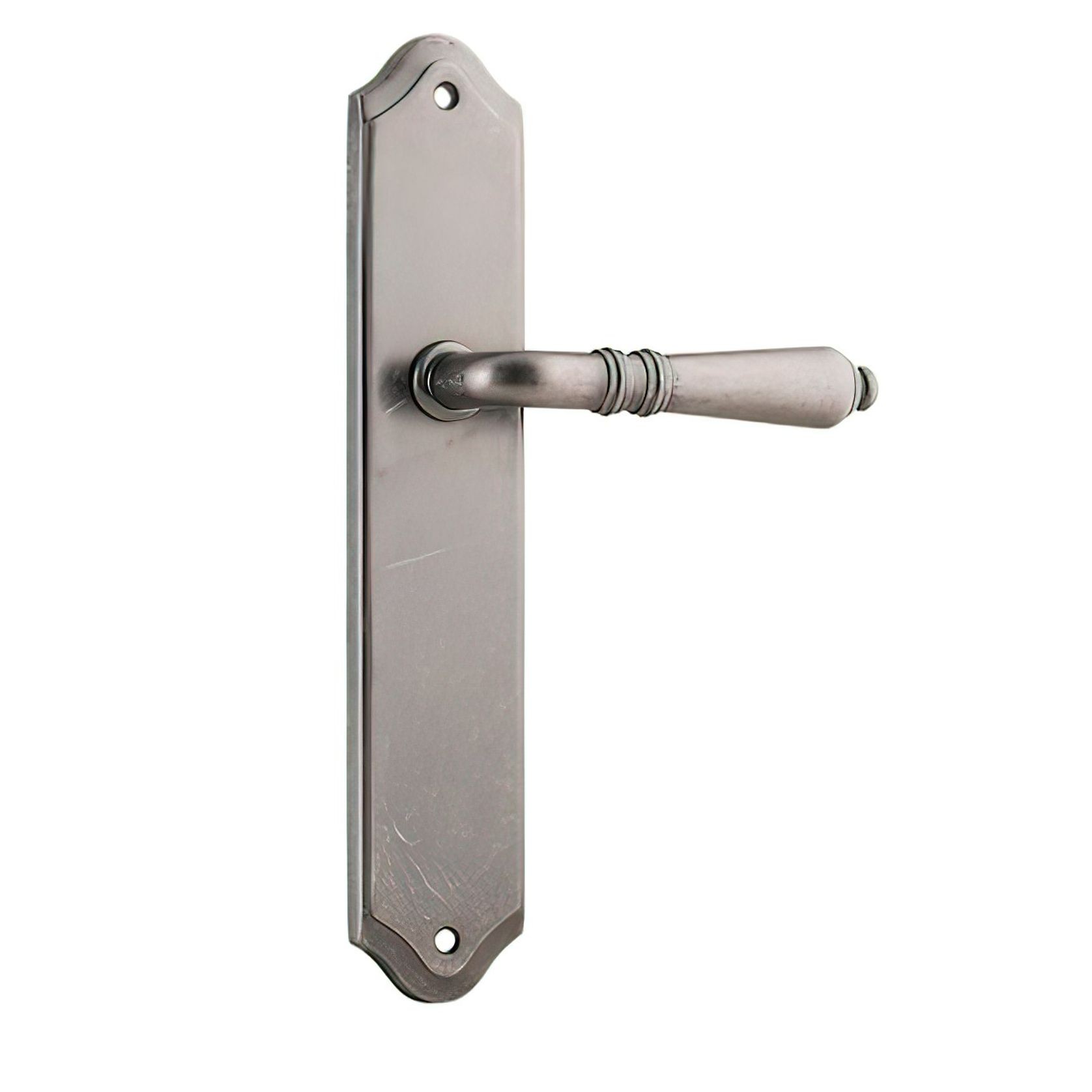 Iver Sarlat Lever Door Handle on Shouldered Backplate Distressed Nickel gallery detail image