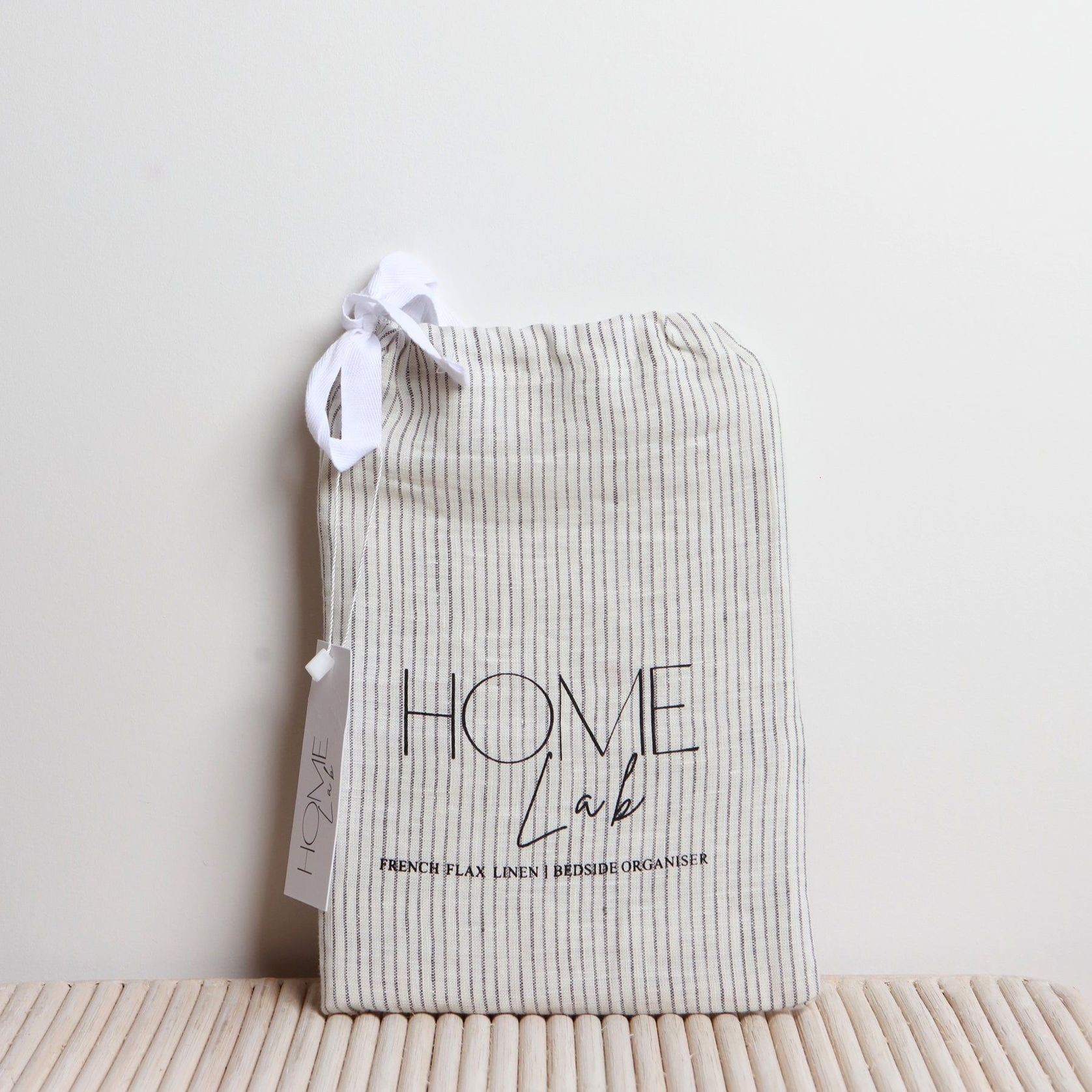 100% French Flax Linen Bedside Organiser- Charcoal Pinstripe gallery detail image