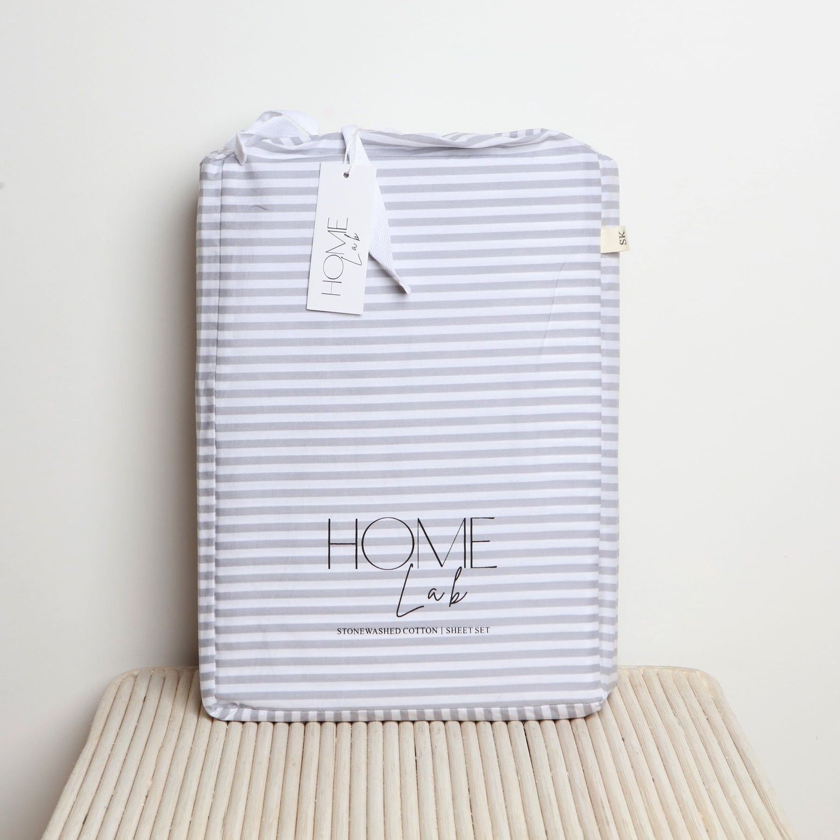 100% Stonewashed Cotton Sheet Set- Wide Light Grey Stripe gallery detail image