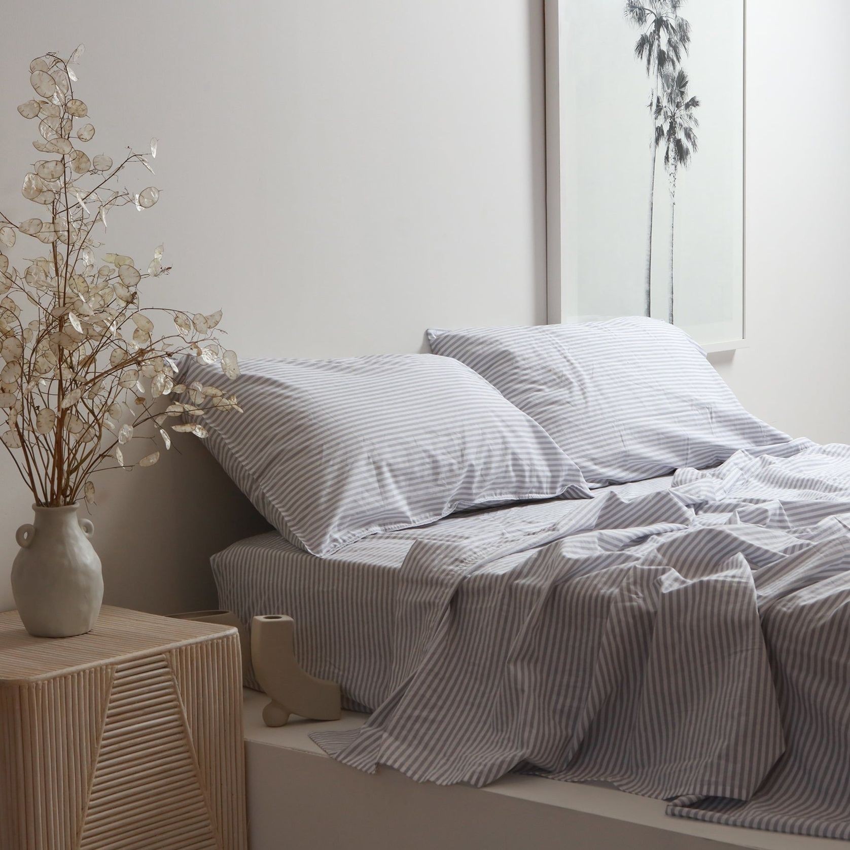 100% Stonewashed Cotton Sheet Set- Wide Light Grey Stripe gallery detail image
