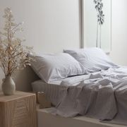 100% Stonewashed Cotton Sheet Set- Wide Light Grey Stripe gallery detail image
