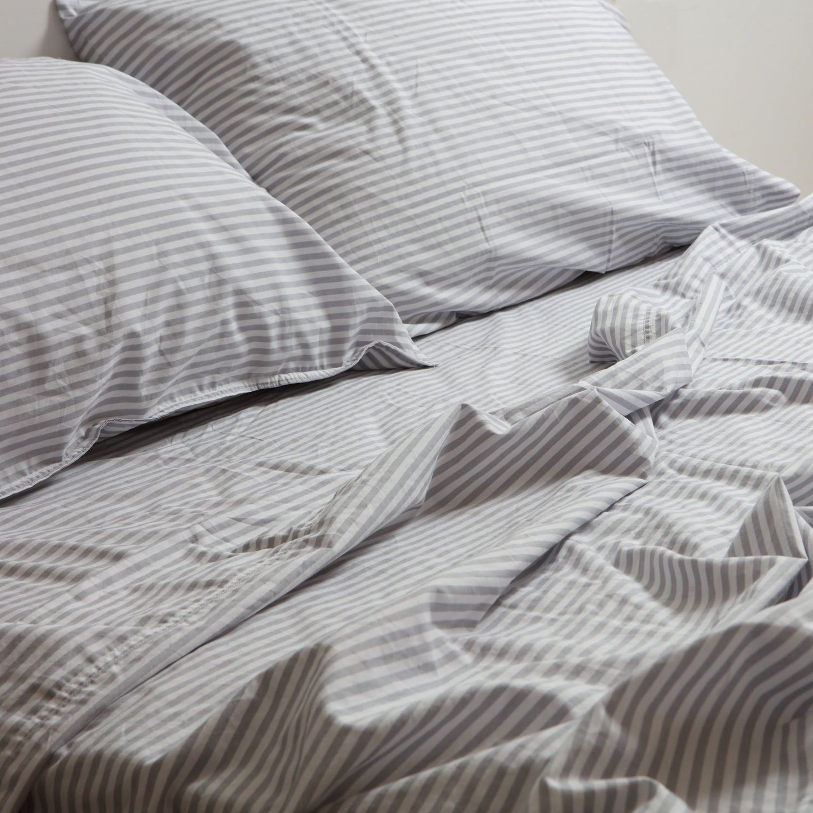 100% Stonewashed Cotton Sheet Set- Wide Light Grey Stripe gallery detail image