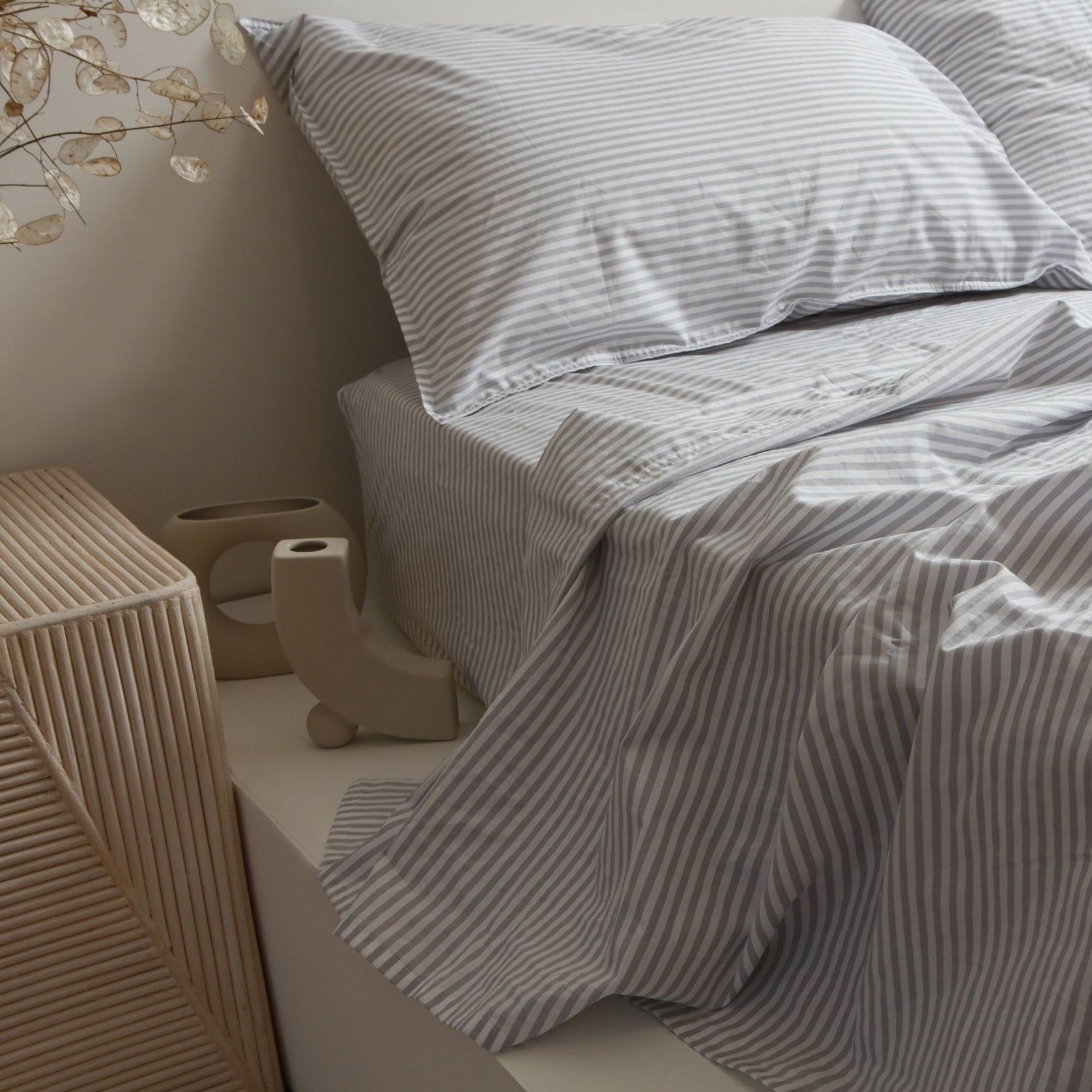 100% Stonewashed Cotton Sheet Set- Wide Light Grey Stripe gallery detail image