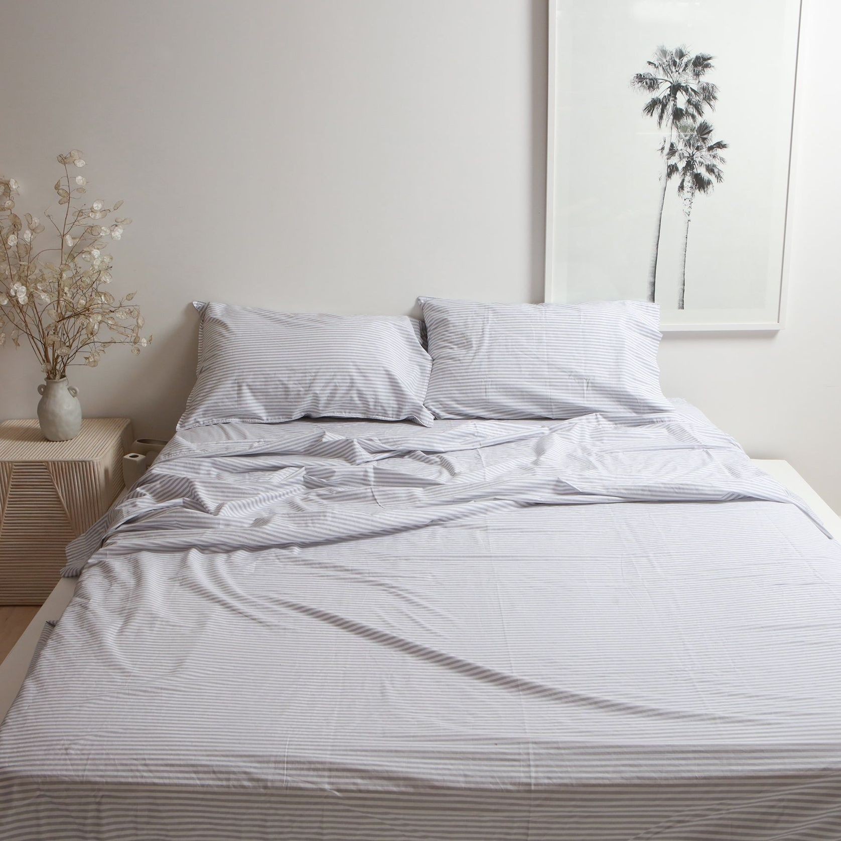 100% Stonewashed Cotton Sheet Set- Wide Light Grey Stripe gallery detail image