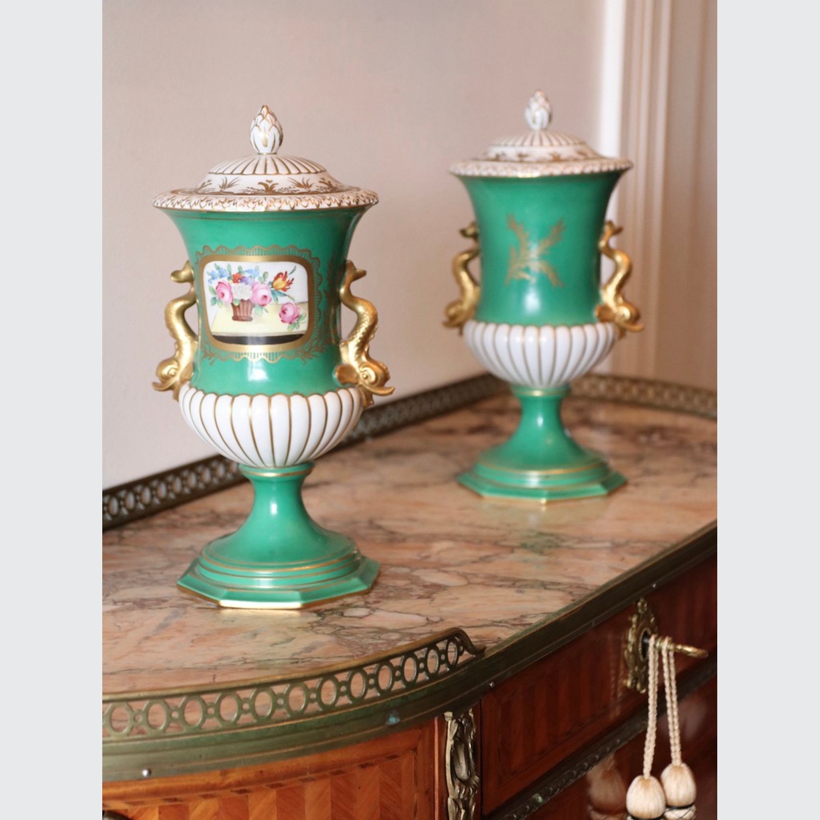 Pair of Antique German Dresden Porcelain Urns gallery detail image