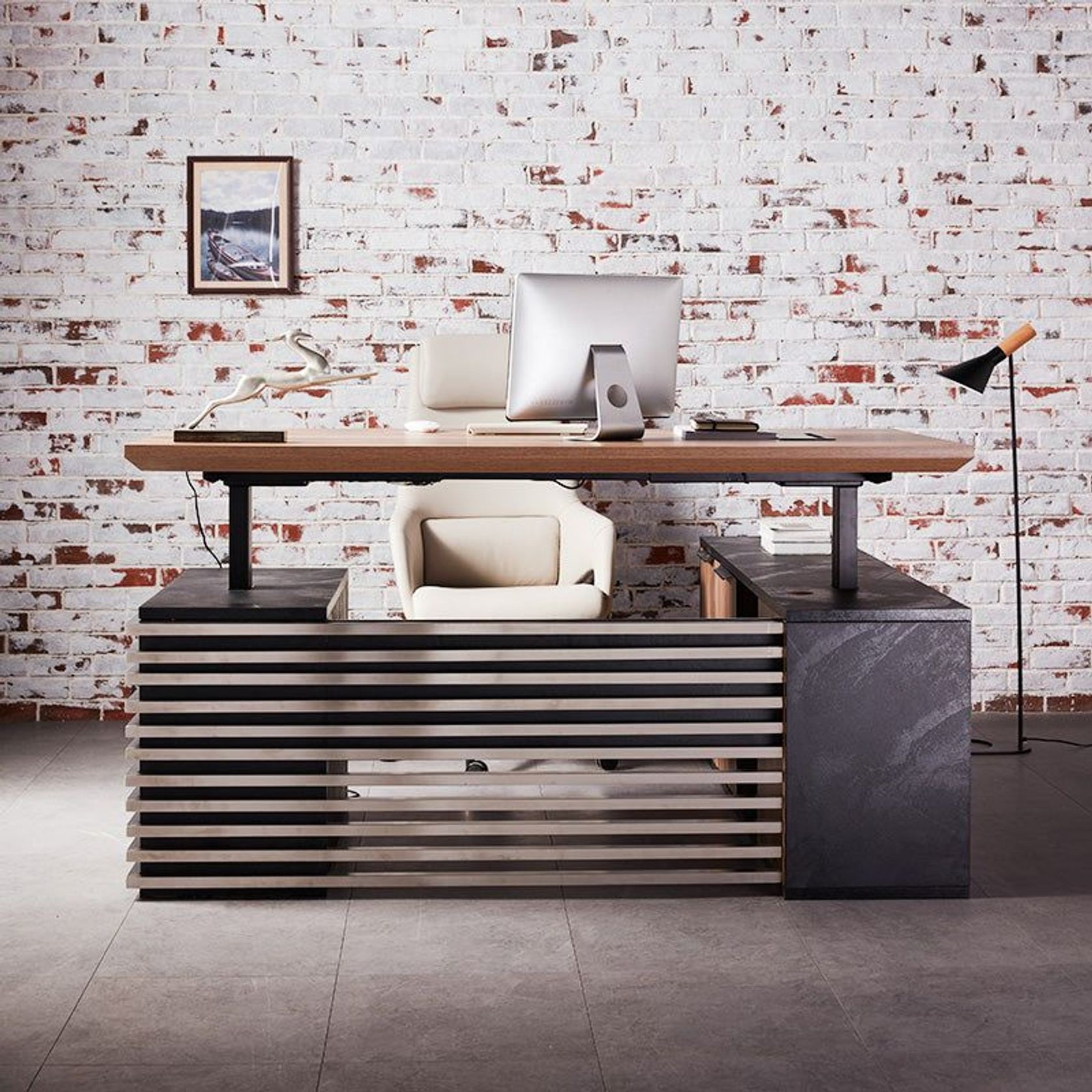 PHOENIX Sit & Stand Electric Lift Executive Desk with Left Return 1.8M - Warm Oak & Black gallery detail image