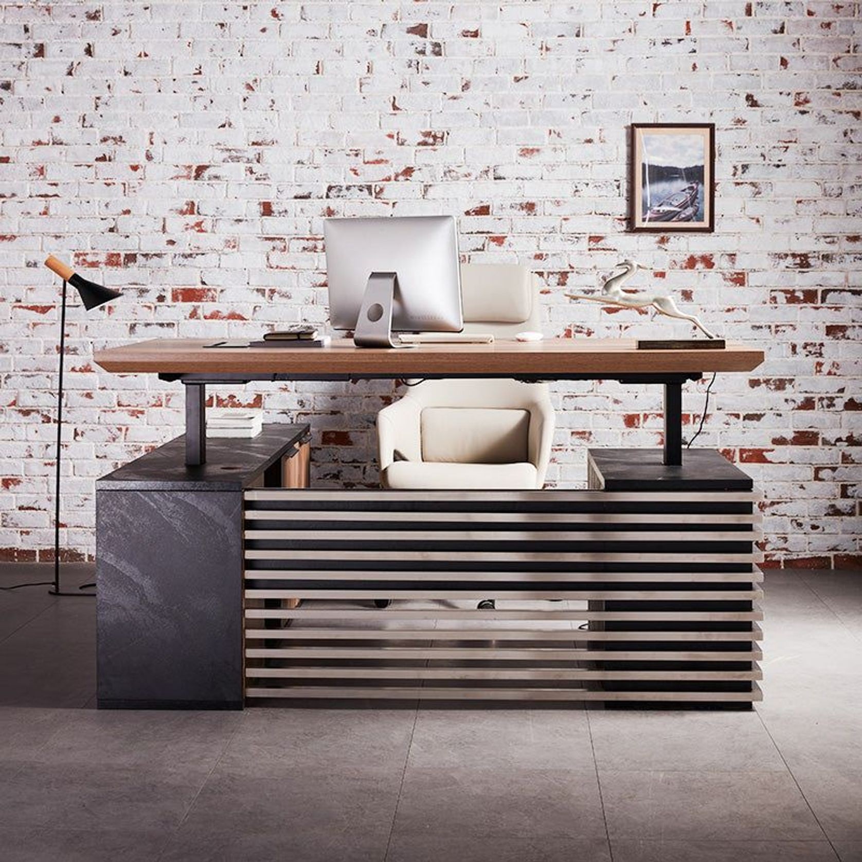PHOENIX Sit & Stand Electric Lift Executive Desk with Right Return 2.2M - Warm Oak & Black gallery detail image