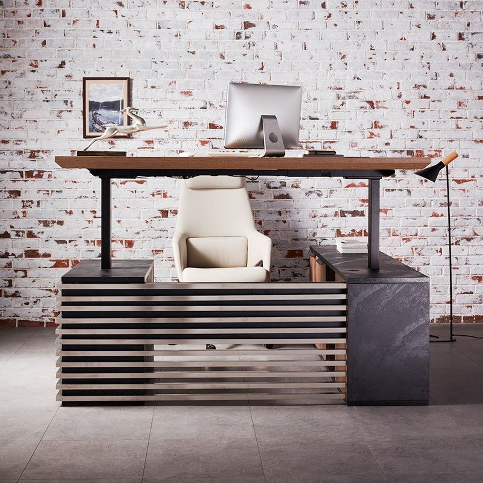 PHOENIX Sit & Stand Electric Lift Executive Desk with Left Return 1.8M - Warm Oak & Black gallery detail image