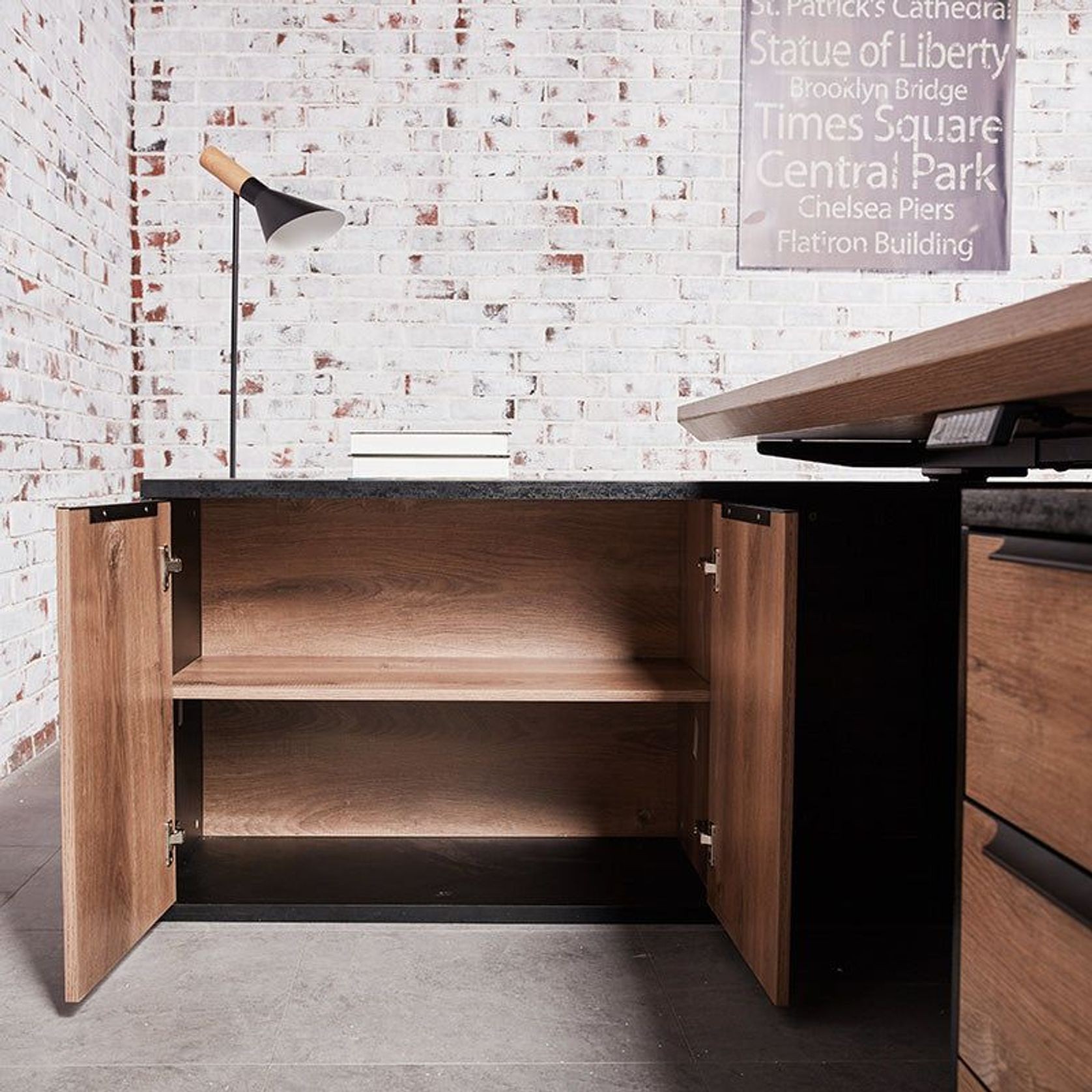 PHOENIX Sit & Stand Electric Lift Executive Desk with Right Return 1.8M - Warm Oak & Black gallery detail image