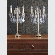 Pair Of Lead Crystal And Brass three Arm Lamps gallery detail image