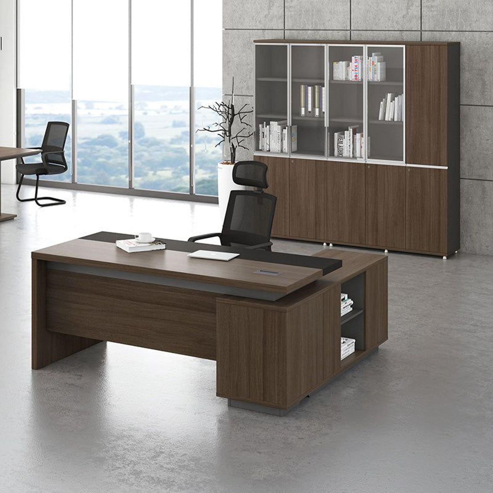 Carter Executive Office Desk + Left Return - 180cm - Coffee + Charcoal gallery detail image