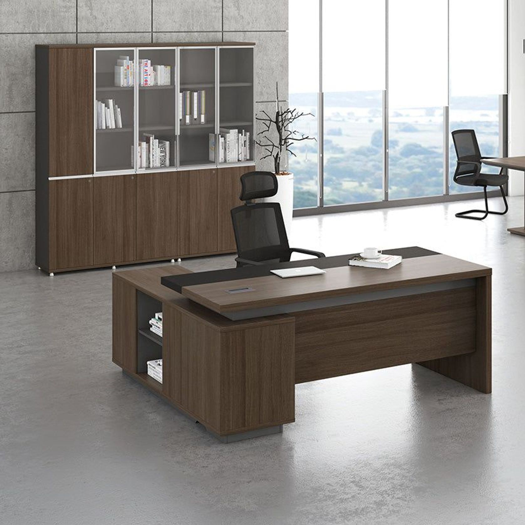 Carter Executive Office Desk + Right Return - 180cm - Coffee + Charcoal gallery detail image