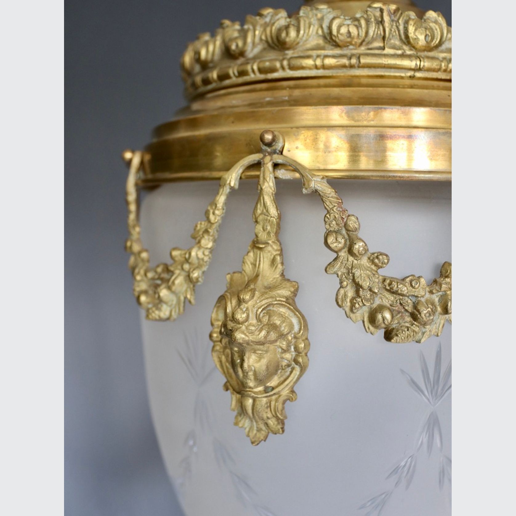 Val St Lambert Lantern in Brass and Satin Cut Glass gallery detail image