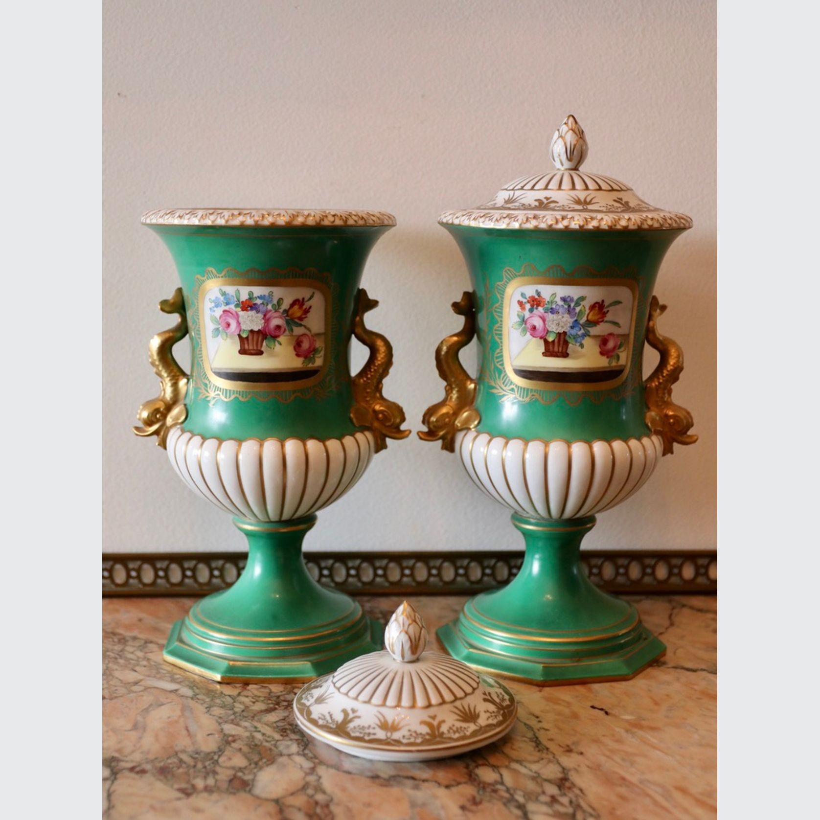 Pair of Antique German Dresden Porcelain Urns gallery detail image