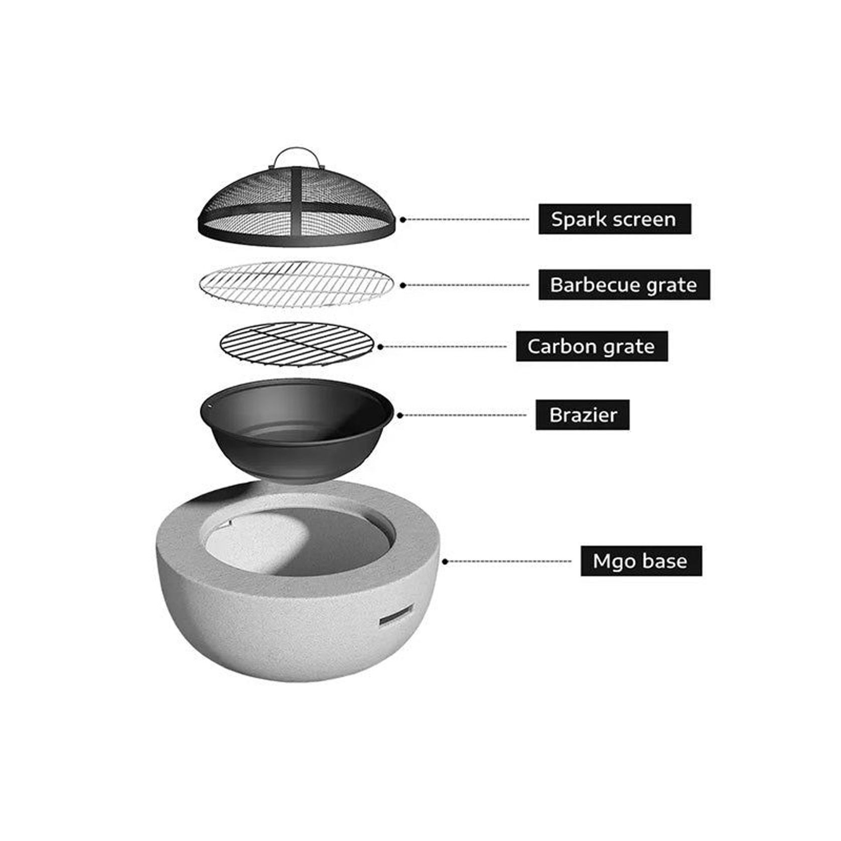 Round MgO Fire Pit Bowl with BBQ Grill Rack, Spark Guard -60cm gallery detail image
