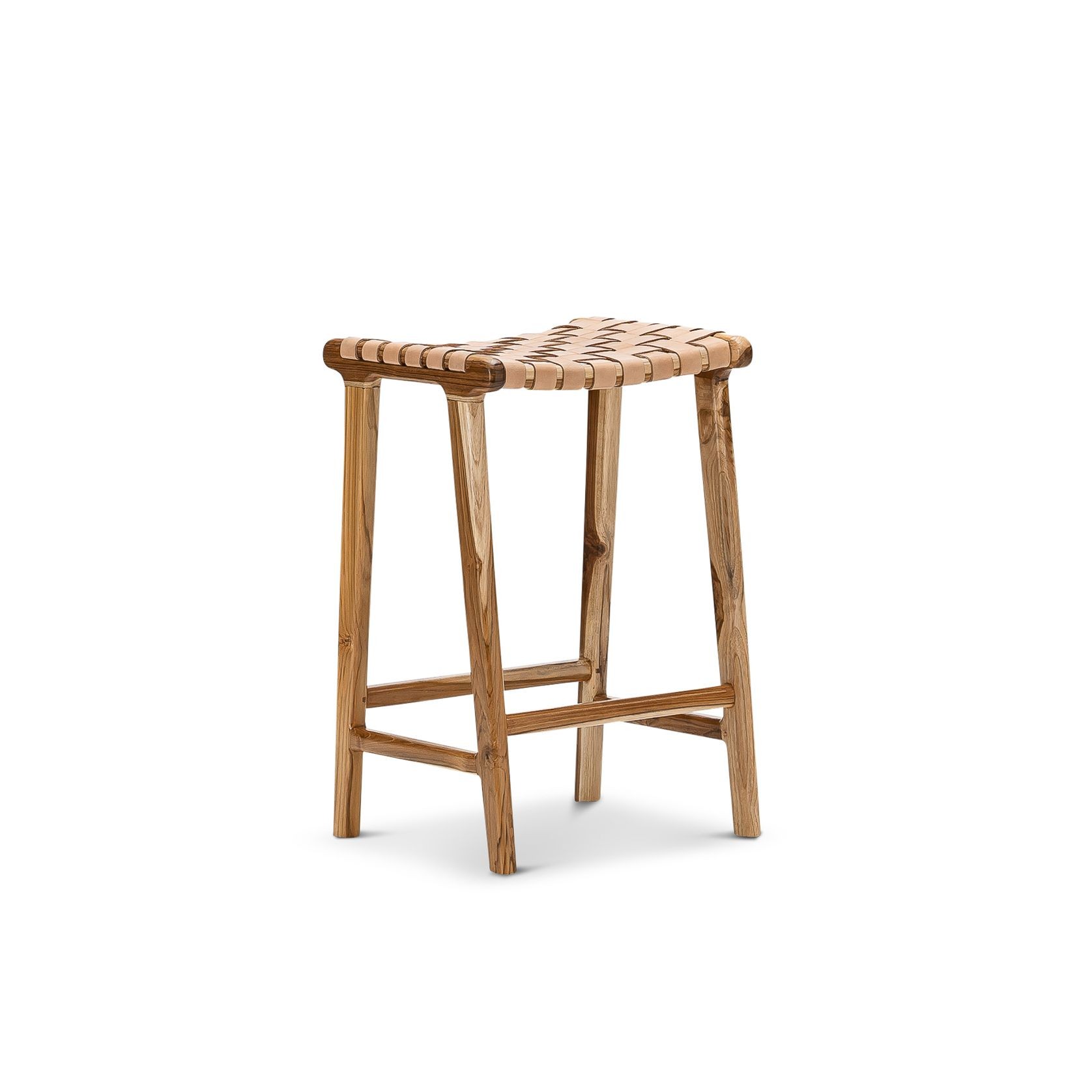 Lazie Leather Strapping Bar Stool | 66cm | Teak & Natural Tan gallery detail image