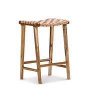 Lazie Leather Strapping Bar Stool | 66cm | Teak & Natural Tan gallery detail image
