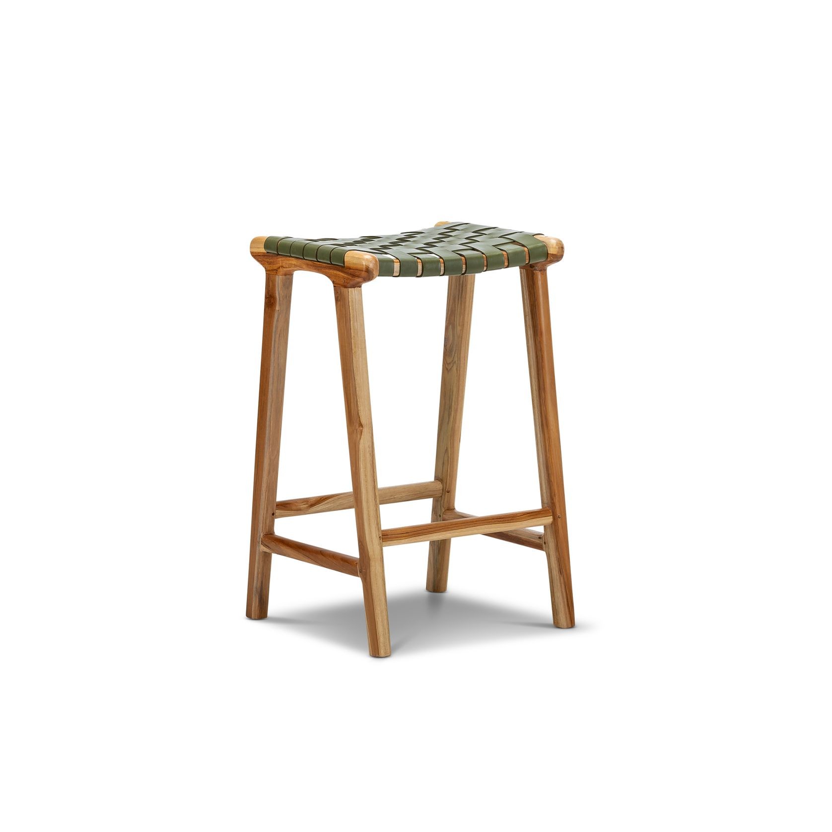 Lazie Leather Strapping Bar Stool | 66cm | Teak & Olive Green gallery detail image