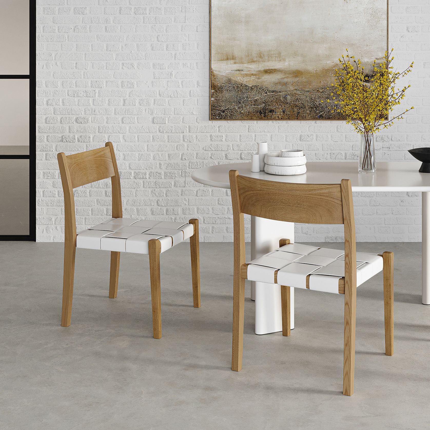 Laine Wide Leather Stackable Dining Chairs | Set of 2 | White gallery detail image