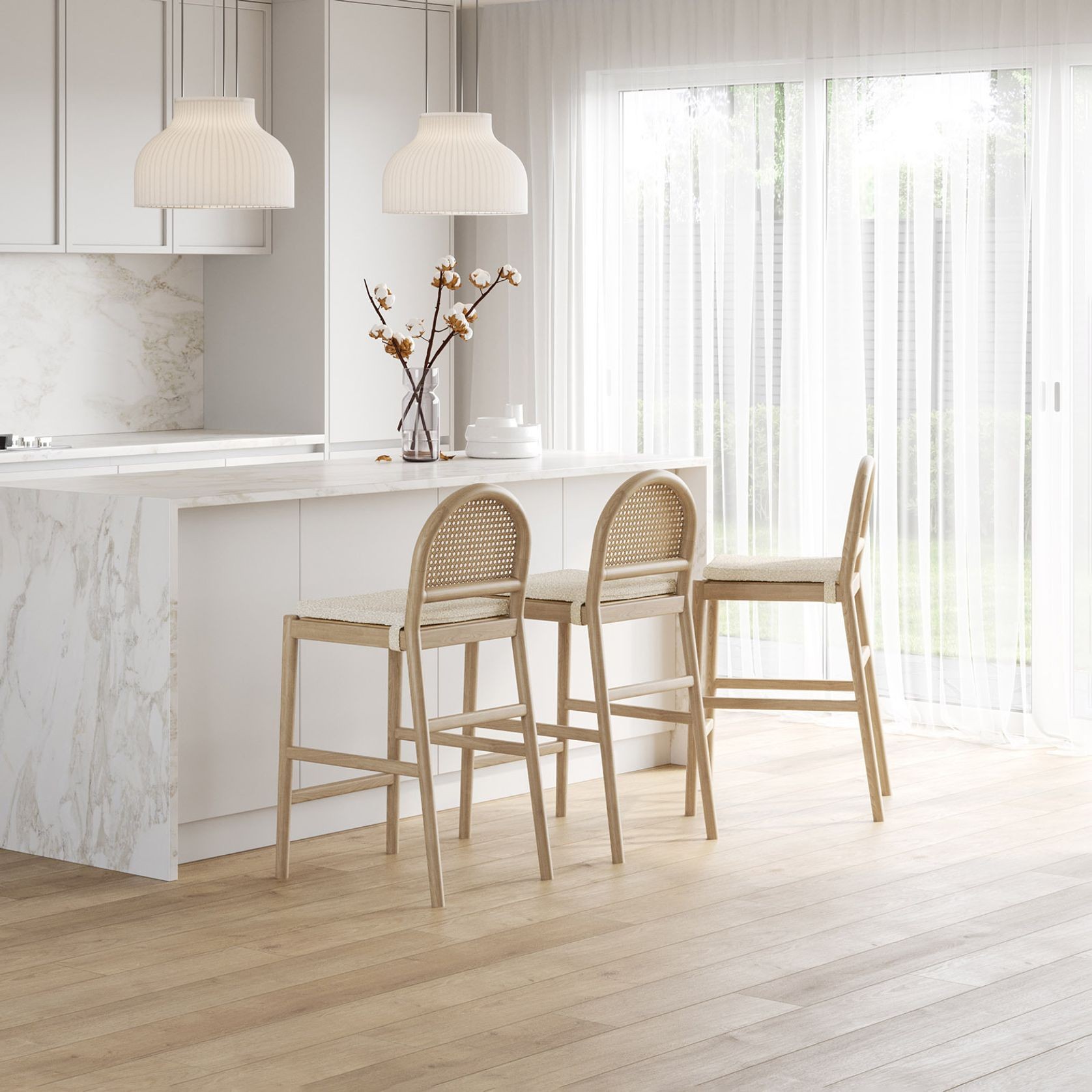 Estelle Rattan Arch Barstool | Cream Bouclé & Natural gallery detail image