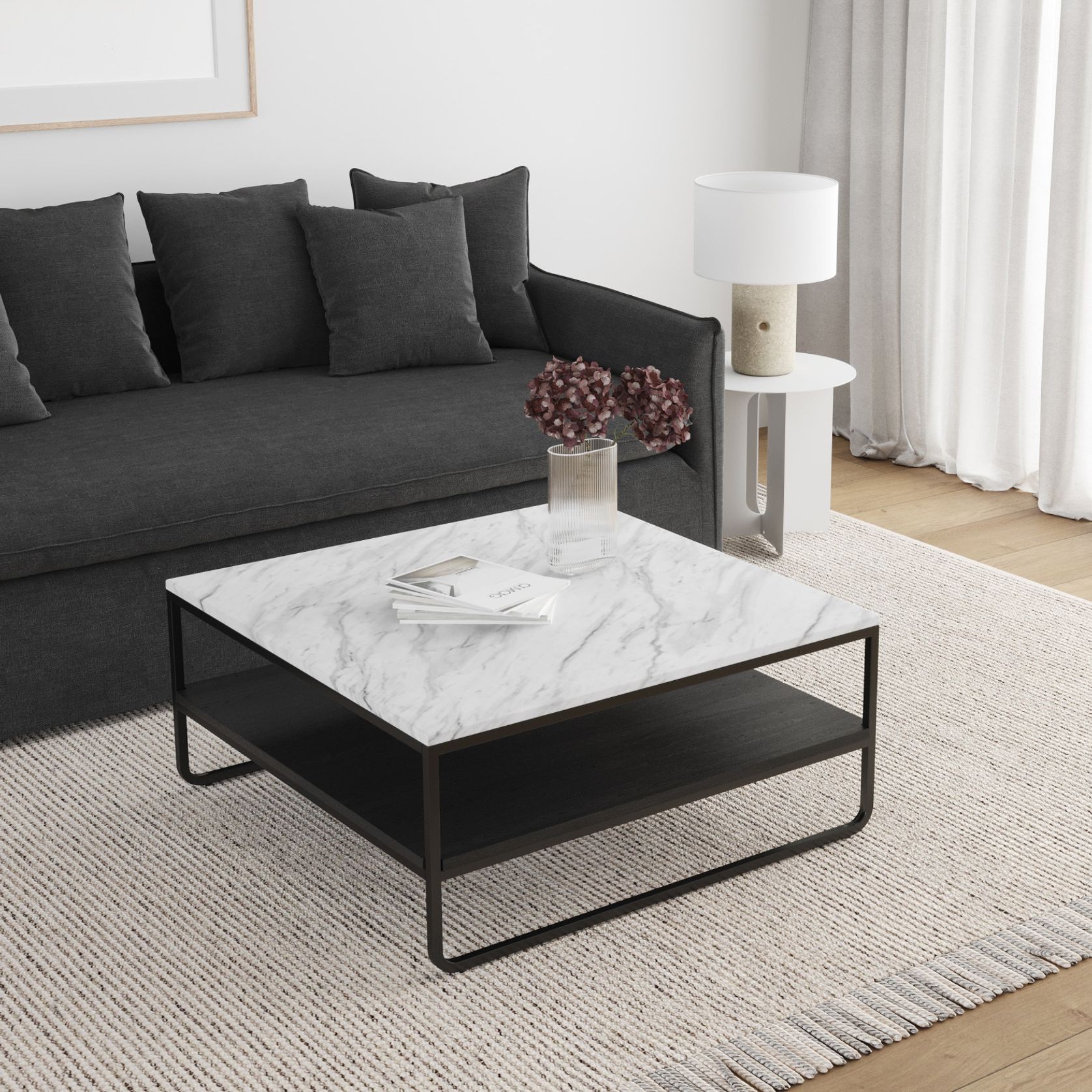 Estoria White Marble Square Shelf Coffee Table | Black gallery detail image