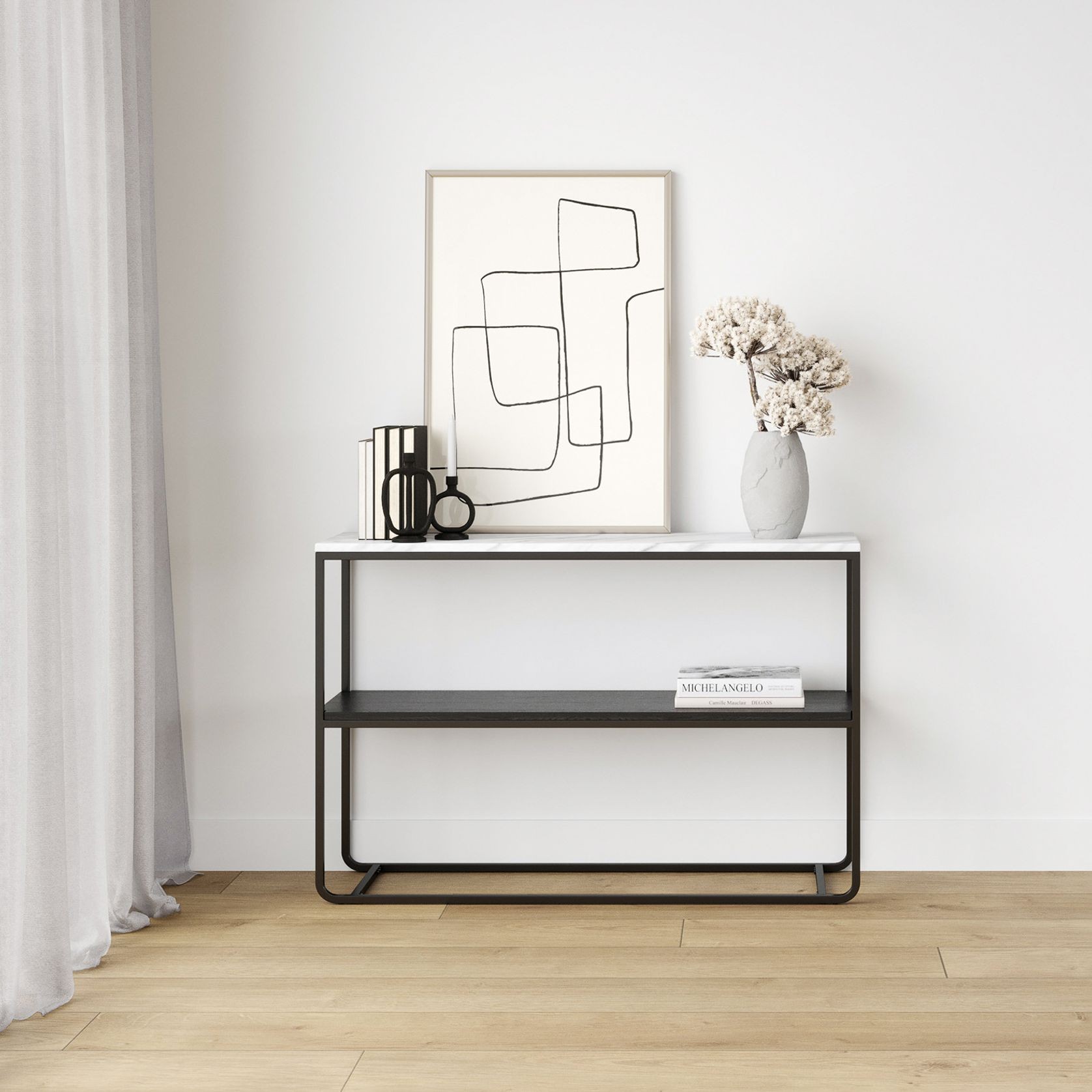 Estoria 120cm White Marble Shelf Console Table | Black gallery detail image