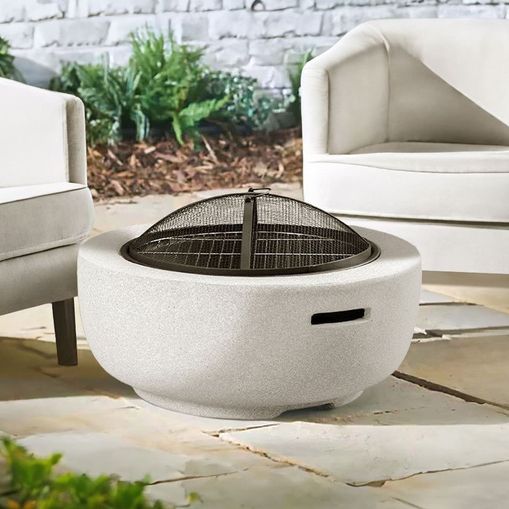 Round MgO Fire Pit Bowl with BBQ Grill Rack, Spark Guard -60cm gallery detail image