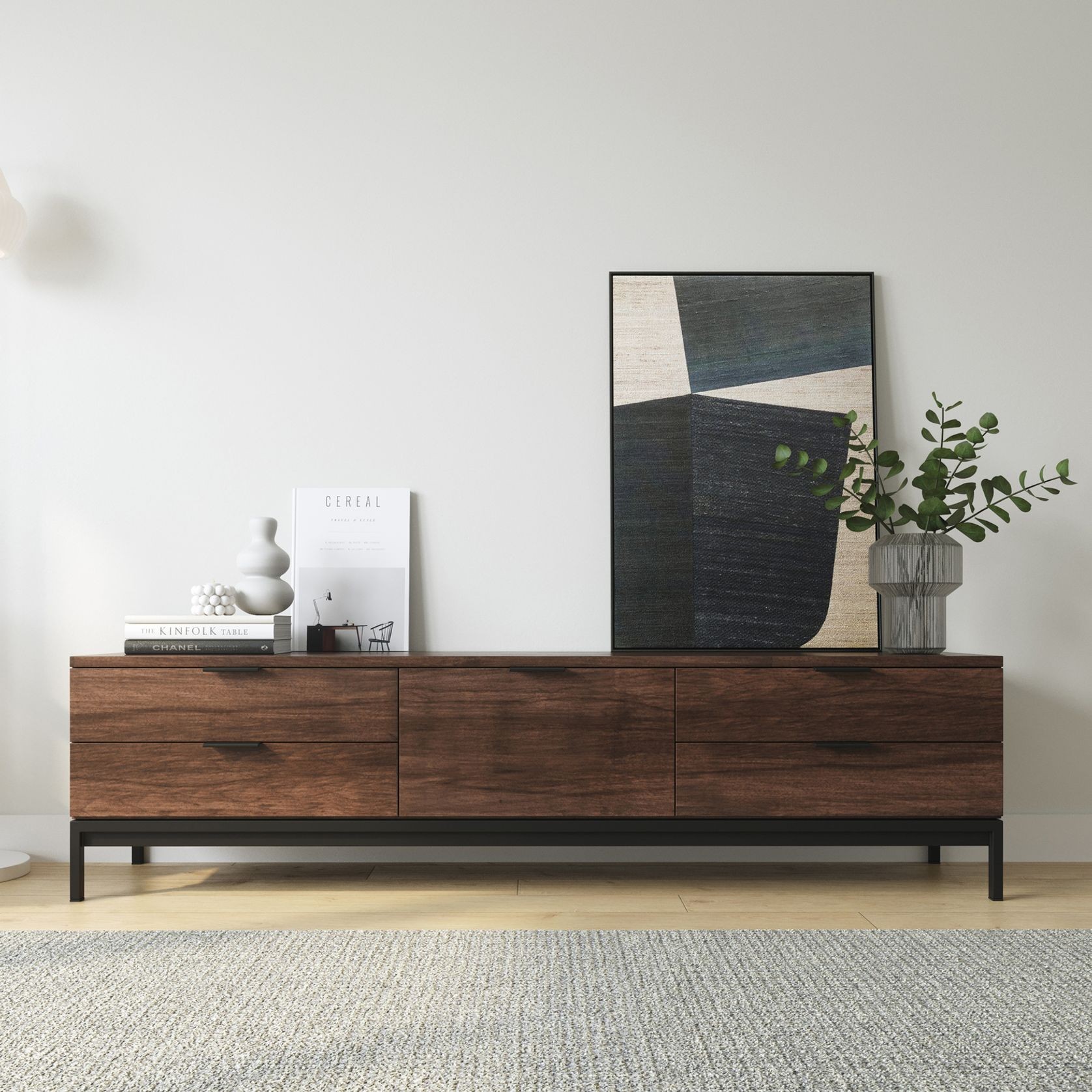 Macy Oak Entertainment Unit | Walnut & Black gallery detail image