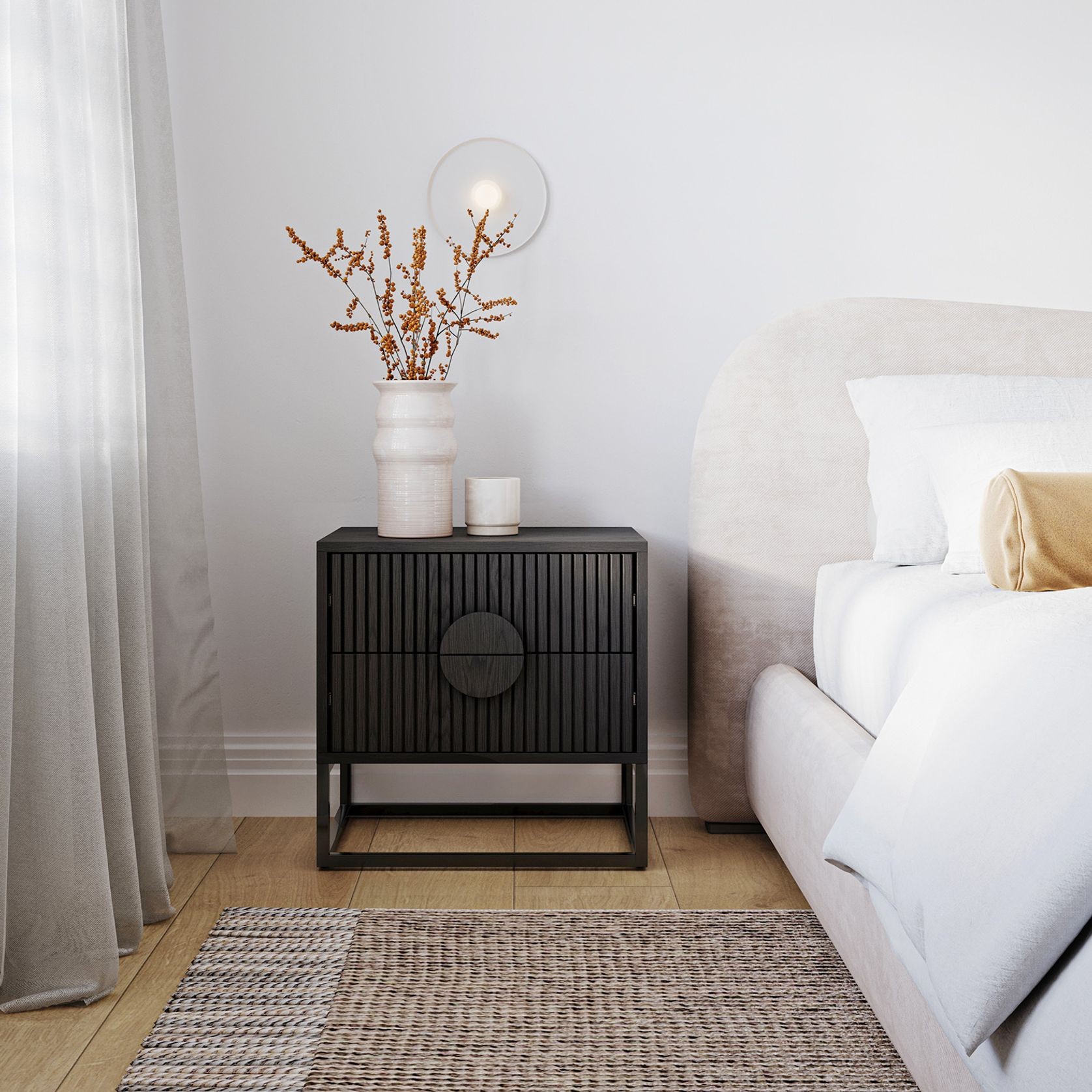 Braxton 2 Drawer Ripple Slatted Bedside Table | Black Oak gallery detail image