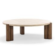 Amaya 110cm Round Travertine Coffee Table | Cream & Brown Oak gallery detail image