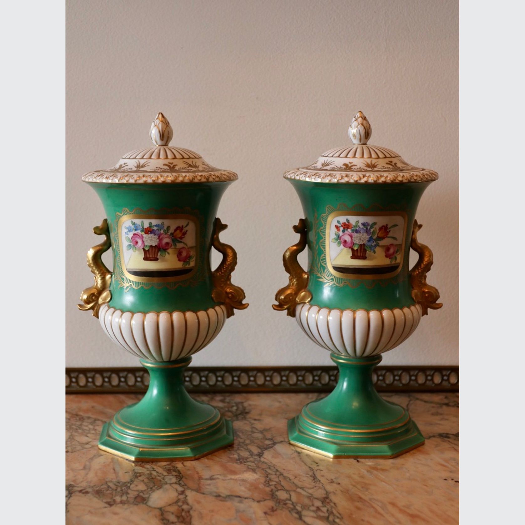 Pair of Antique German Dresden Porcelain Urns gallery detail image