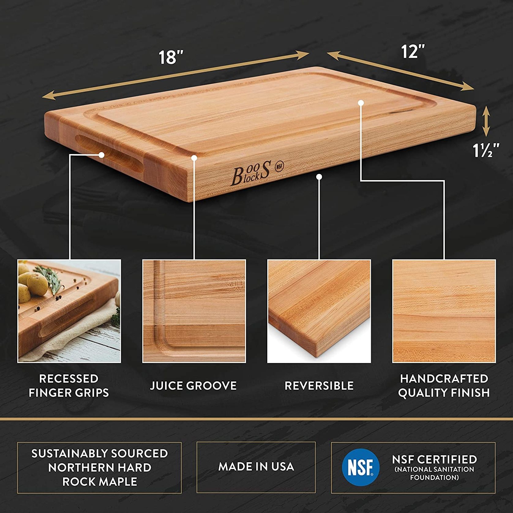 Boos Block Reversible Maple Wood Edge Grain Bbq Cutting Board With Juice Groove - 46cm X 31cm gallery detail image