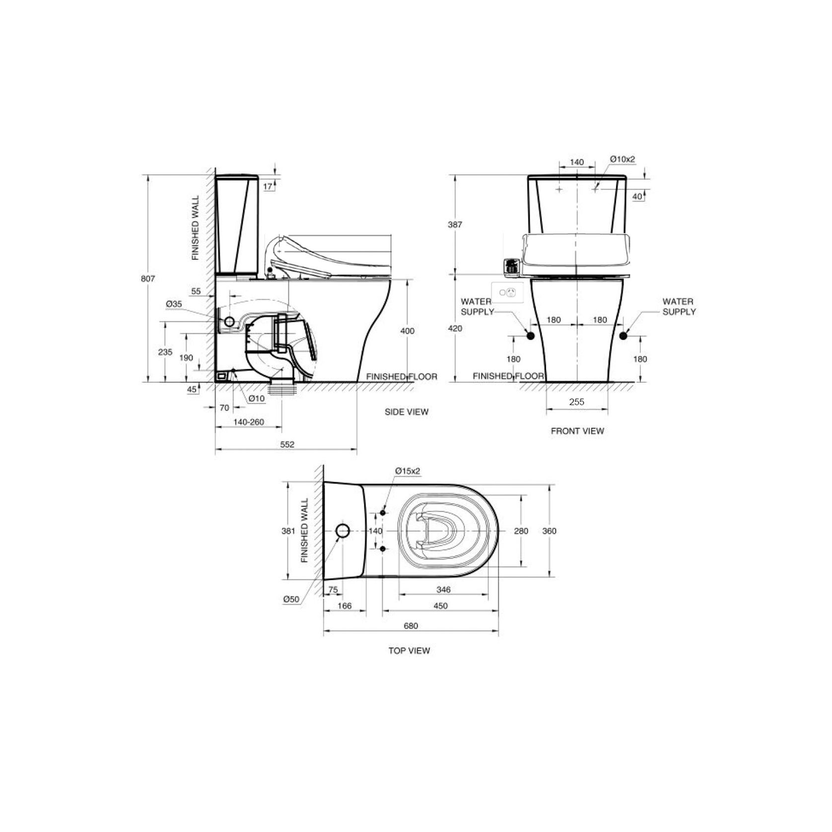 Cygnet Hygiene Rim Square CCBTW - Bottom Inlet with SpaLet E-Bidet Seat gallery detail image