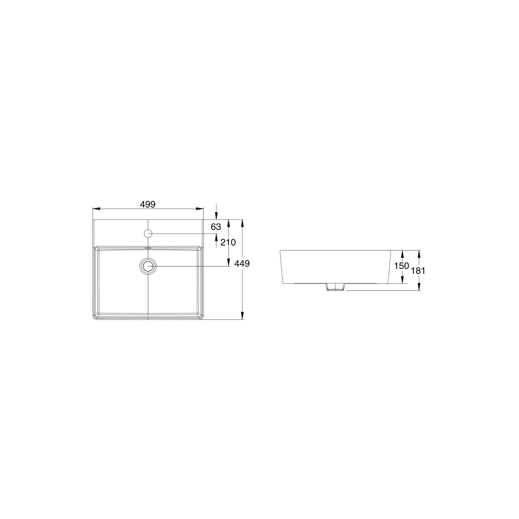 Heron Square 500 Counter Basin - 1 Taphole - Overflow gallery detail image